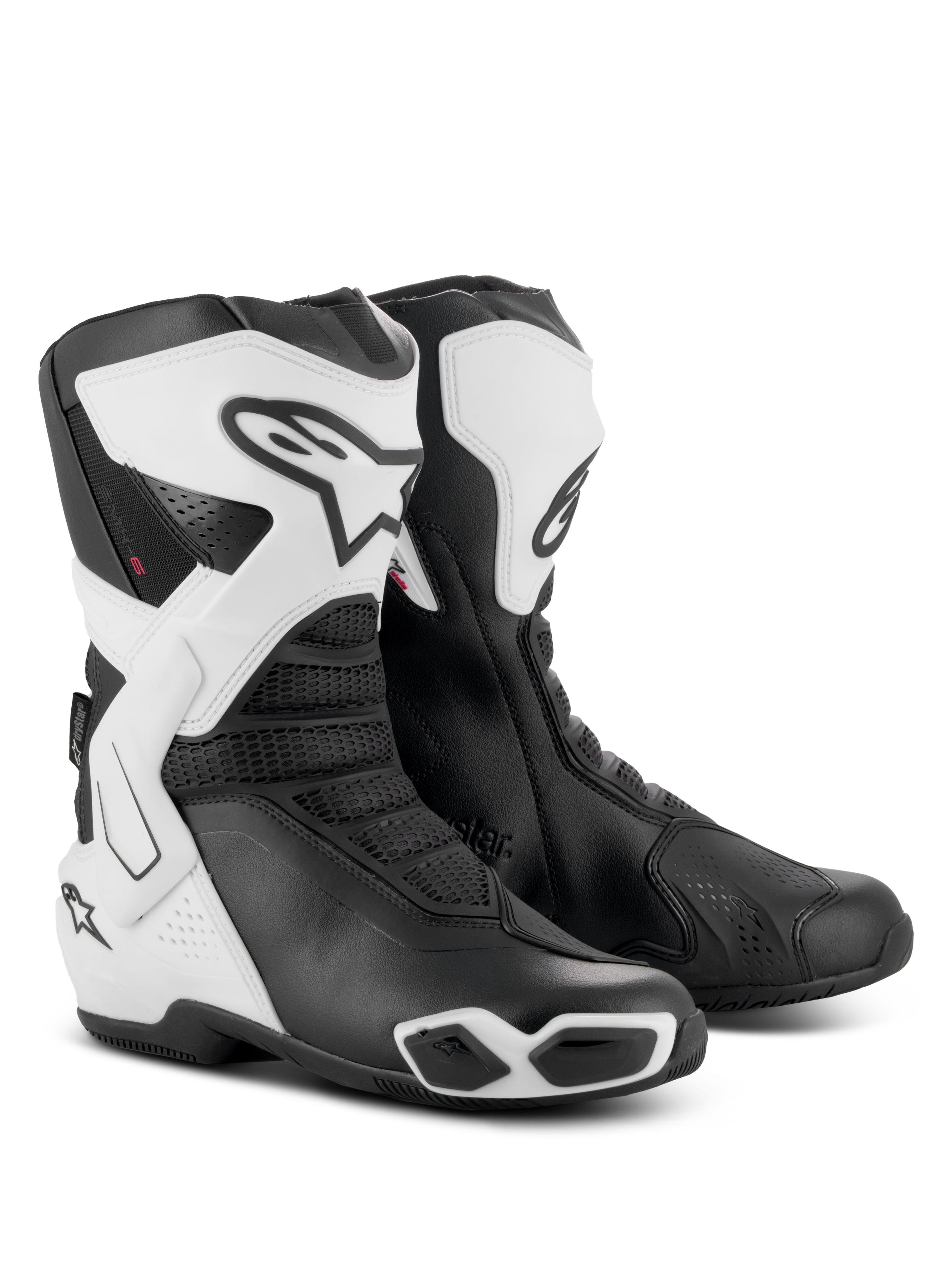 Botas Alpinestars Stella SMX-6 V3 Drystar®, botas de condução de performance para mulher, brancas e pretas, com placas de canela protetoras em TPU, suportes laterais para o tornozelo e sliders integrados, design desportivo com logótipo Alpinestars em destaque e detalhes em malha