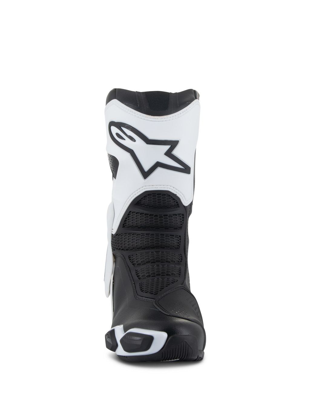 Botas Alpinestars Stella SMX-6 V3 Drystar®, botas de motociclismo femininas, brancas e pretas, vista frontal destacando a placa de canela branca com o logótipo Astars, zonas de flexão pretas texturizadas e elementos de proteção em TPU para condução de performance.