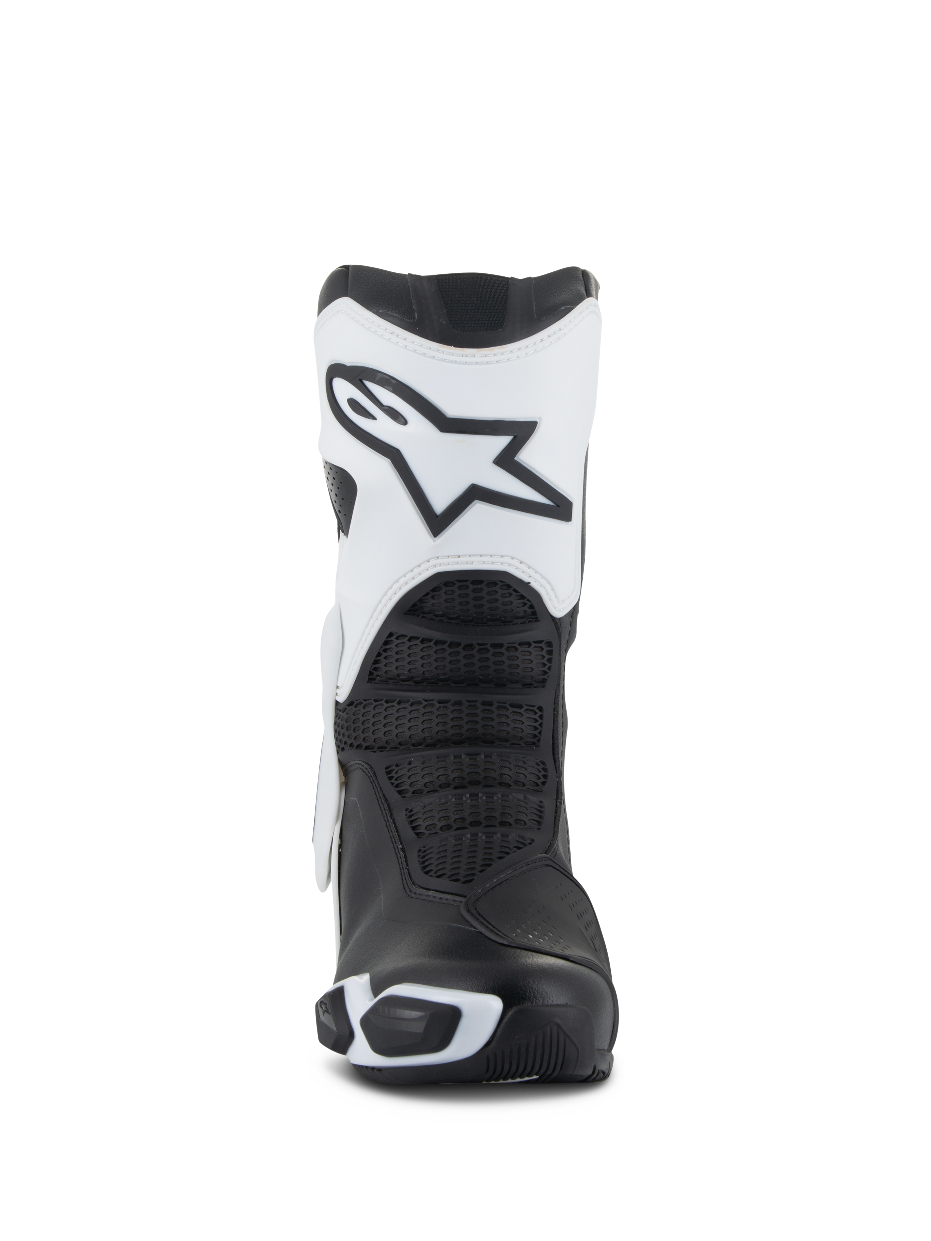 Botas Alpinestars Stella SMX-6 V3 Drystar®, botas de motociclismo femininas, brancas e pretas, vista frontal destacando a placa de canela branca com o logótipo Astars, zonas de flexão pretas texturizadas e elementos de proteção em TPU para condução de performance.