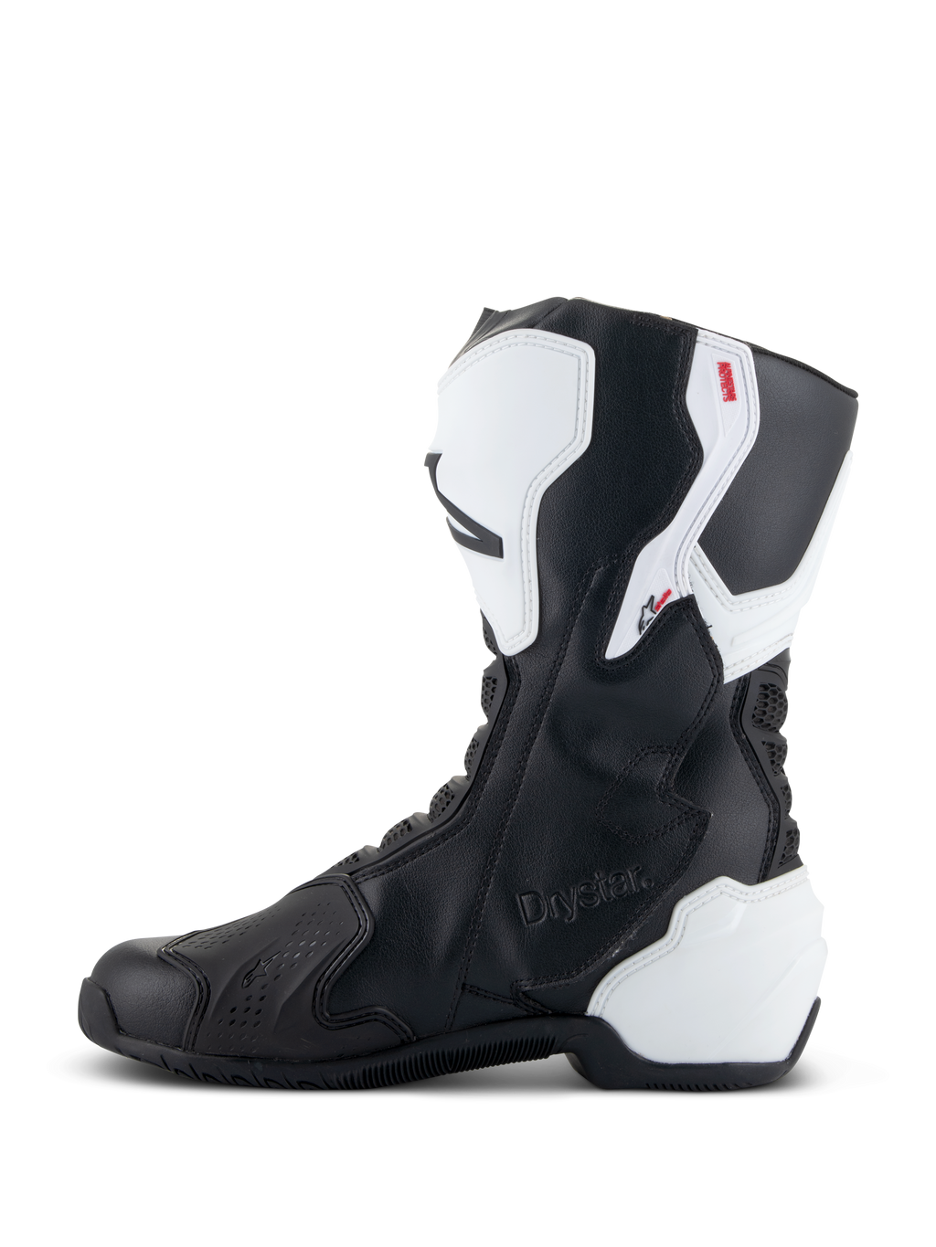 Botas Alpinestars Stella SMX-6 V3 Drystar®, botas de performance para motociclismo para mulher, brancas e pretas, vista lateral interna com marca Drystar em relevo, proteção de canela e calcanhar em TPU branco e parte superior em microfibra preta para performance em pista e estrada.
