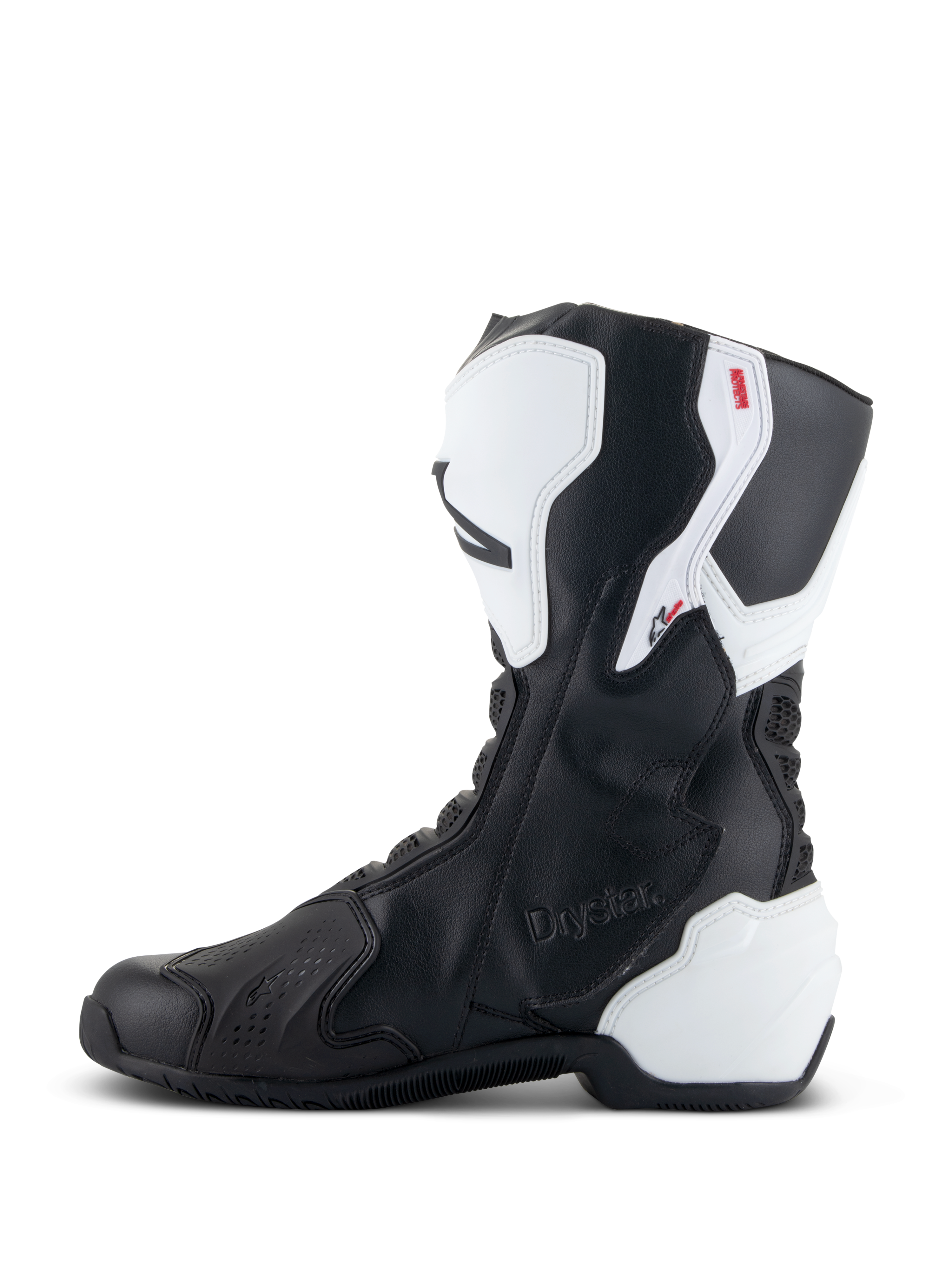 Botas Alpinestars Stella SMX-6 V3 Drystar®, botas de performance para motociclismo para mulher, brancas e pretas, vista lateral interna com marca Drystar em relevo, proteção de canela e calcanhar em TPU branco e parte superior em microfibra preta para performance em pista e estrada.