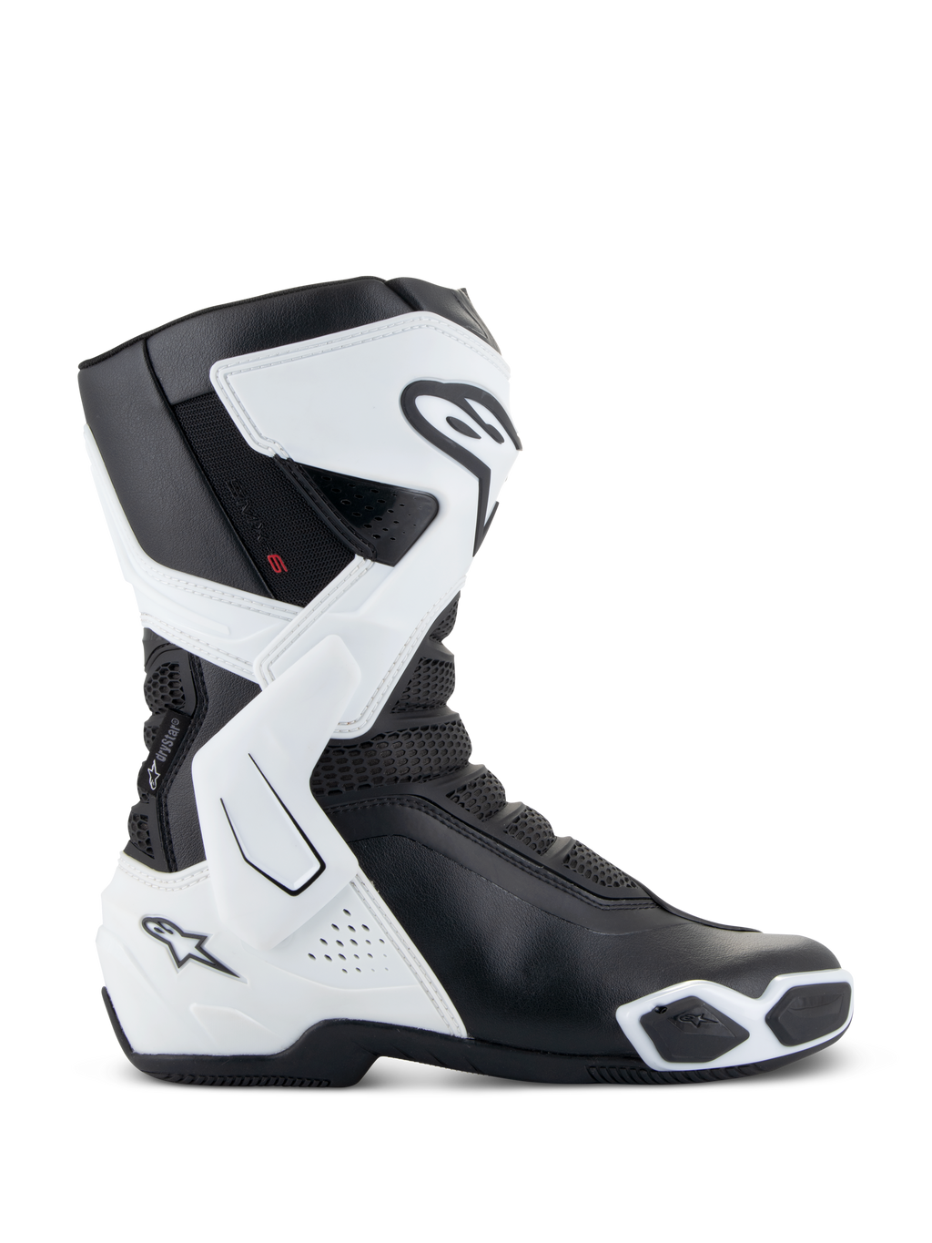 Alpinestars Stella SMX-6 V3 Drystar® Boots, botas de motociclismo para mulher, brancas e pretas, vista lateral com tecnologia Drystar® impermeável, proteção de canela e tornozelo em TPU, zonas de flexibilidade em malha e design ergonómico de condução desportiva