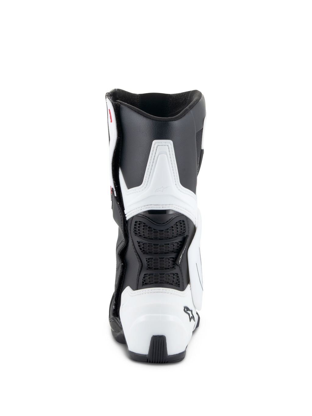 Botas Alpinestars Stella SMX-6 V3 Drystar®, botas de motociclismo para mulher, brancas e pretas, vista traseira com proteção de TPU na panturrilha e no calcanhar, painéis de malha preta flexíveis e design ergonómico derivado das corridas.