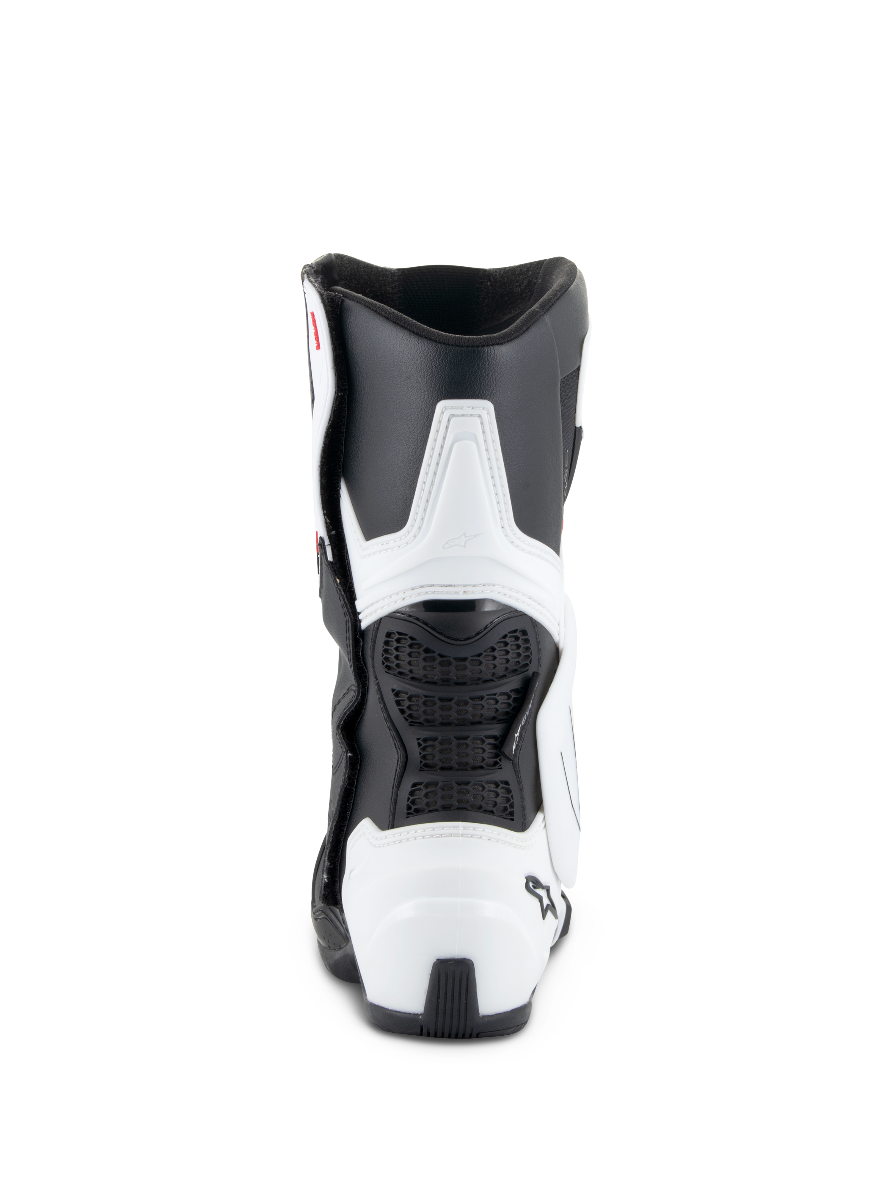 Botas Alpinestars Stella SMX-6 V3 Drystar®, botas de motociclismo para mulher, brancas e pretas, vista traseira com proteção de TPU na panturrilha e no calcanhar, painéis de malha preta flexíveis e design ergonómico derivado das corridas.