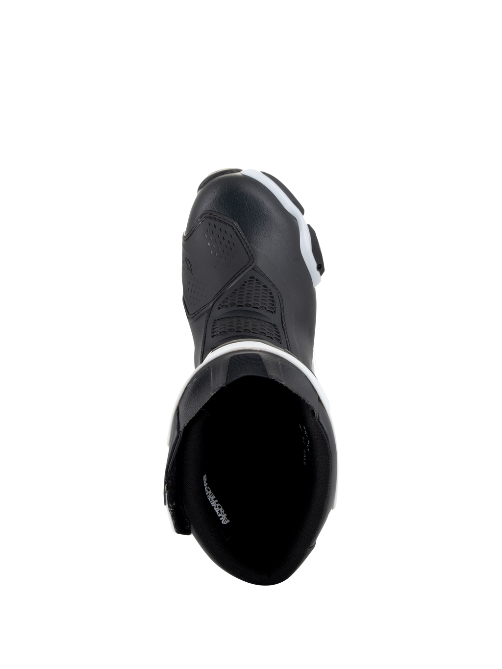 Botas Alpinestars Stella SMX-6 V3 Drystar®, botas de motociclismo para mulher, pretas e brancas, vista superior mostrando o forro interior e a biqueira reforçada, construção em microfibra impermeável para condução em pista e estrada
