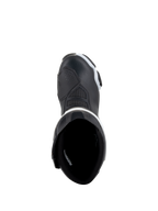 Botas Alpinestars Stella SMX-6 V3 Drystar®, botas de motociclismo para mulher, pretas e brancas, vista superior mostrando o forro interior e a biqueira reforçada, construção em microfibra impermeável para condução em pista e estrada