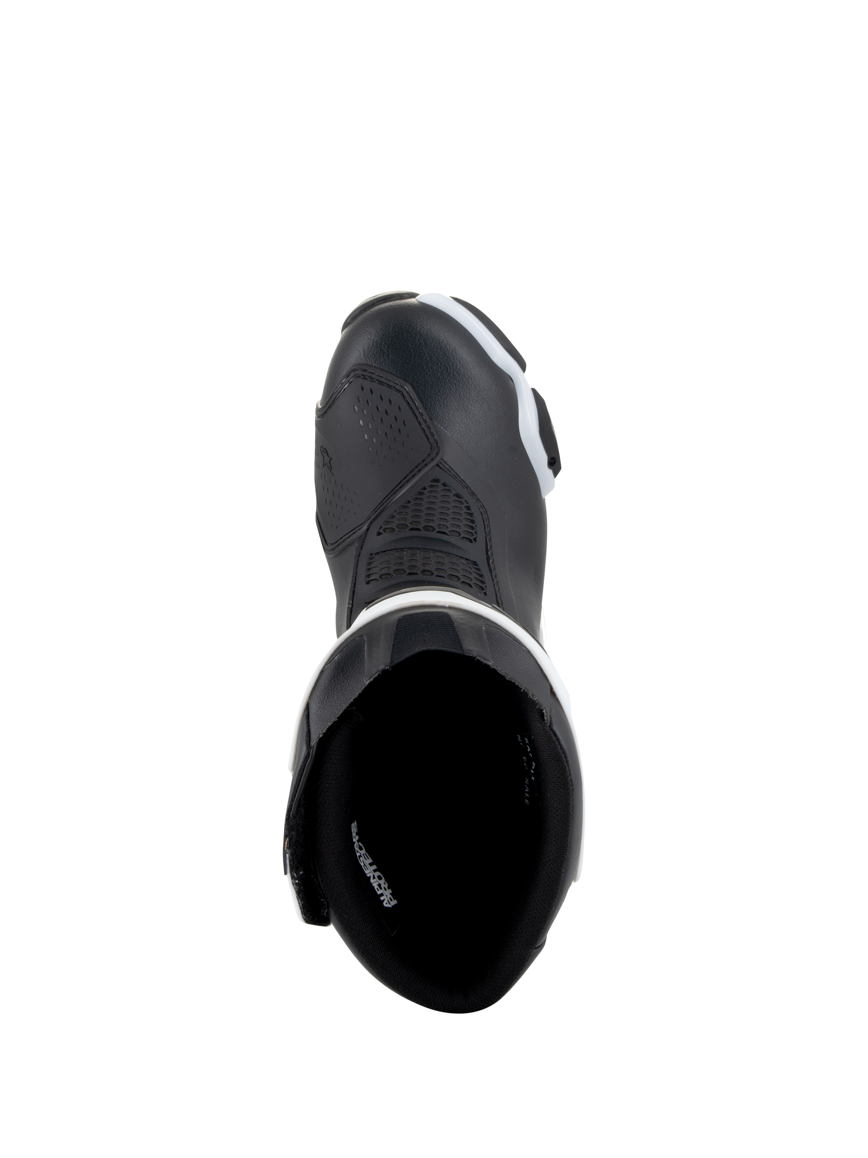Botas Alpinestars Stella SMX-6 V3 Drystar®, botas de motociclismo para mulher, pretas e brancas, vista superior mostrando o forro interior e a biqueira reforçada, construção em microfibra impermeável para condução em pista e estrada