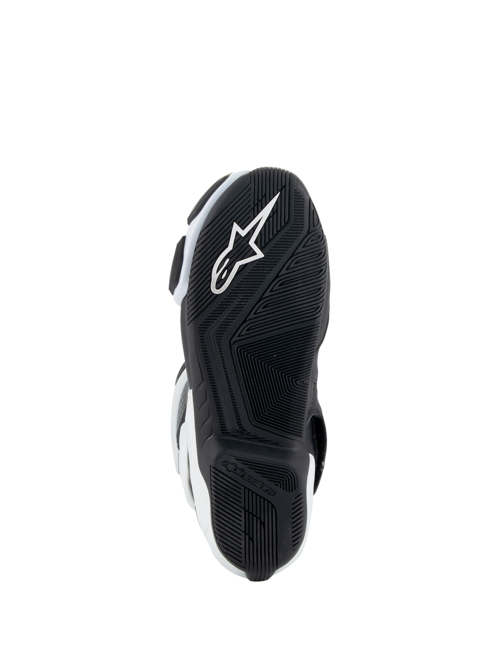 Botas Alpinestars Stella SMX-6 V3 Drystar®, botas de motociclismo para mulher, brancas e pretas, vista da sola com sola exterior de borracha preta com padrão de aderência texturizado, logótipo da estrela Alpinestars branco integrado e marca no calcanhar