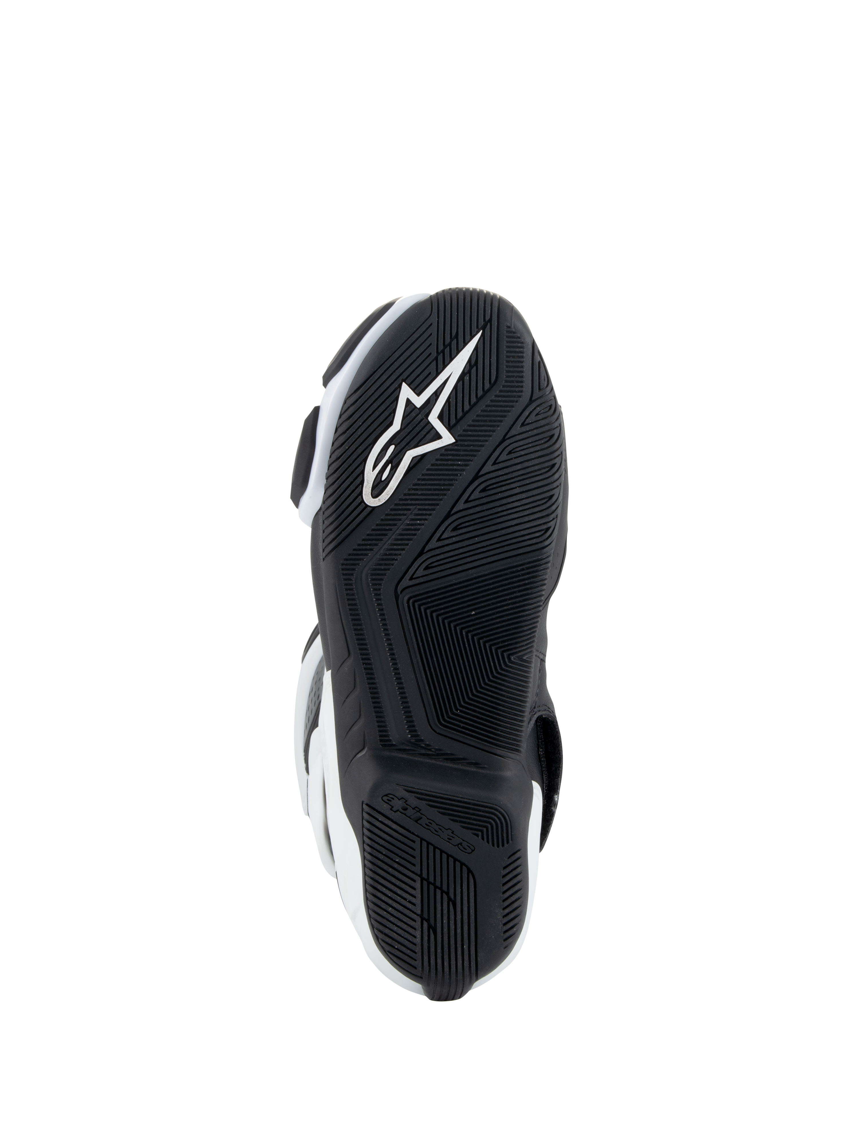 Botas Alpinestars Stella SMX-6 V3 Drystar®, botas de motociclismo para mulher, brancas e pretas, vista da sola com sola exterior de borracha preta com padrão de aderência texturizado, logótipo da estrela Alpinestars branco integrado e marca no calcanhar