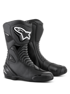 Alpinestars SMX S Waterproof Boots in Black Black, tall motorcycle boots featuring accordion flex zones, a prominent white Alpinestars logo on the TPU shin protector, reinforced shift pads, and replaceable toe sliders, designed for sport-touring and all-weather road riding.