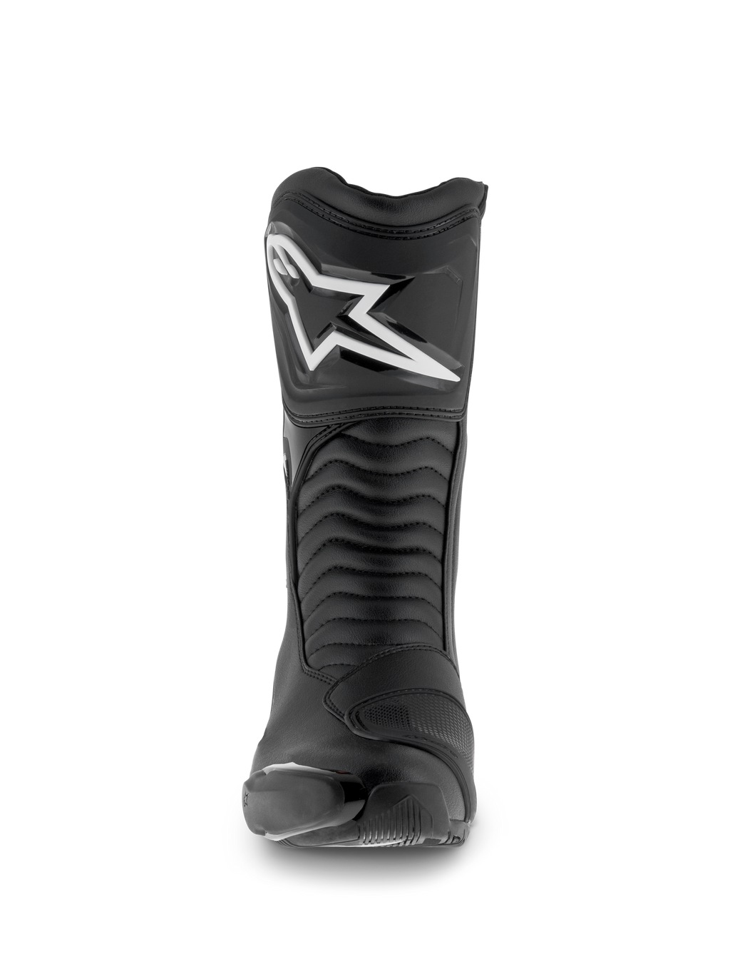 Alpinestars SMX S Waterproof Boots, Motorcycle Boots, Black, front view featuring the white Astar logo on the shin plate, accordion flex panels, and durable microfiber construction for sport-touring.