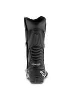 Alpinestars SMX S Waterproof Boots, Black motorcycle boots, rear profile featuring a reinforced heel counter with white logo, ribbed accordion flex panels for ankle mobility, durable microfiber construction for sport-touring.
