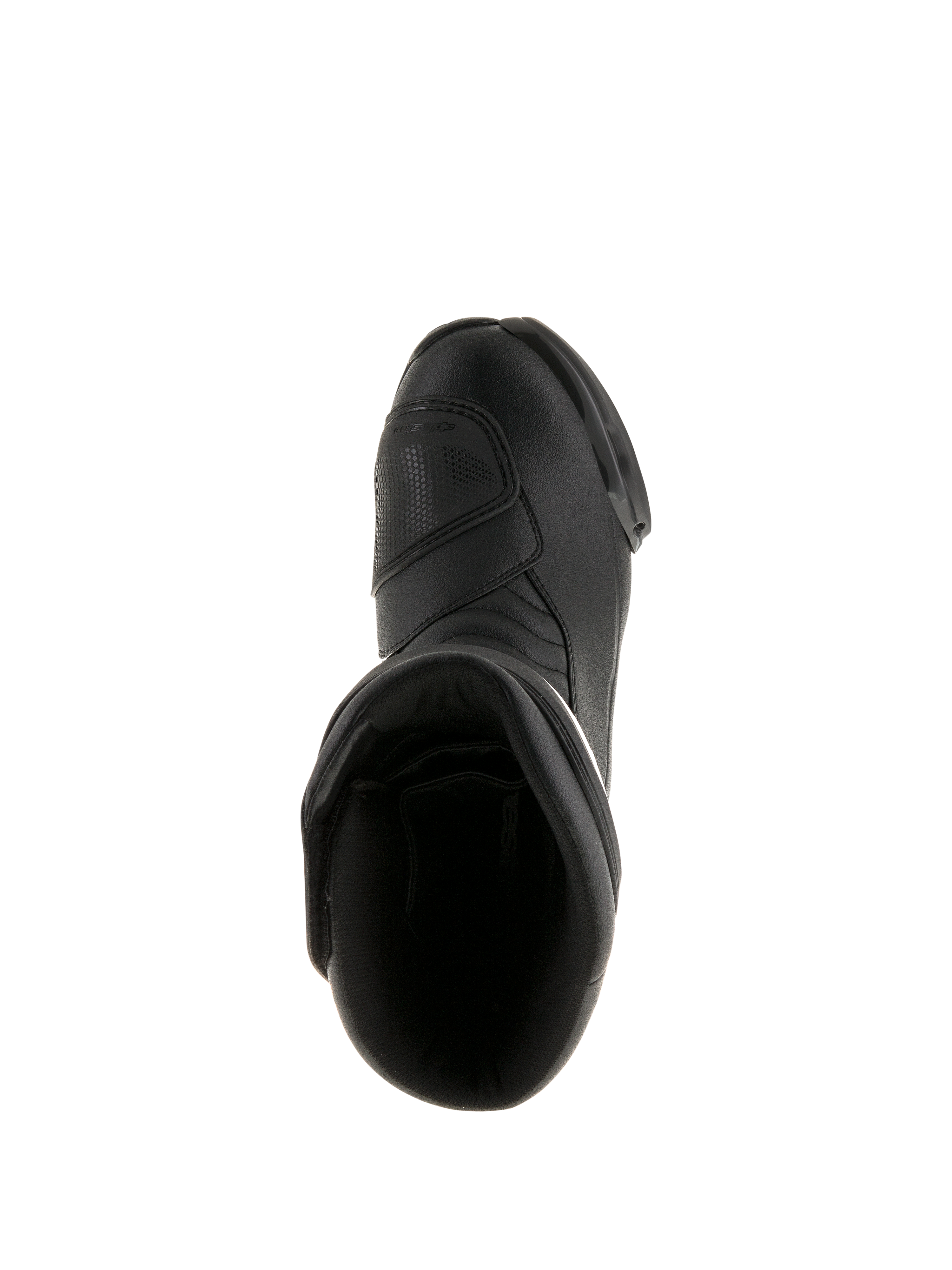 Alpinestars SMX S Waterproof Boots, Black, top-down view showing the interior opening and durable microfiber upper, sport-touring motorcycle footwear