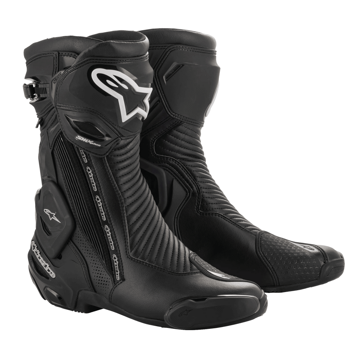Alpinestars SMX Plus V2 GORE-TEX Boot, black motorcycle racing boots with silver and white logos, waterproof and breathable design, featuring reinforced ankle protection, flexible accordion panels, and protective TPU plates for racing and sport riding