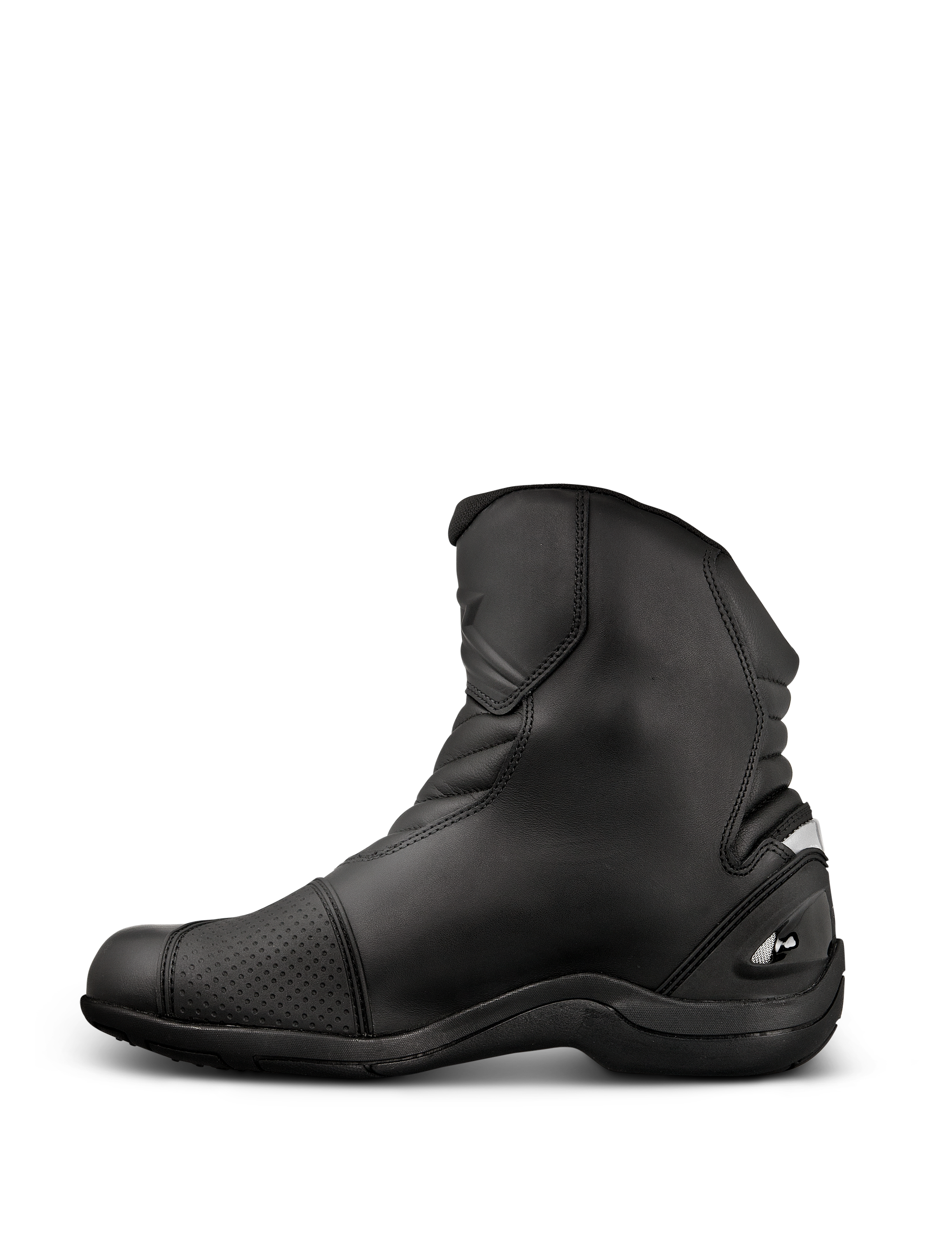 Alpinestars New Land GORE-TEX Boots, road-touring motorcycle boots, Black, mid-length full-grain leather design with accordion flex zones, reinforced shift pad, and sturdy rubber sole.