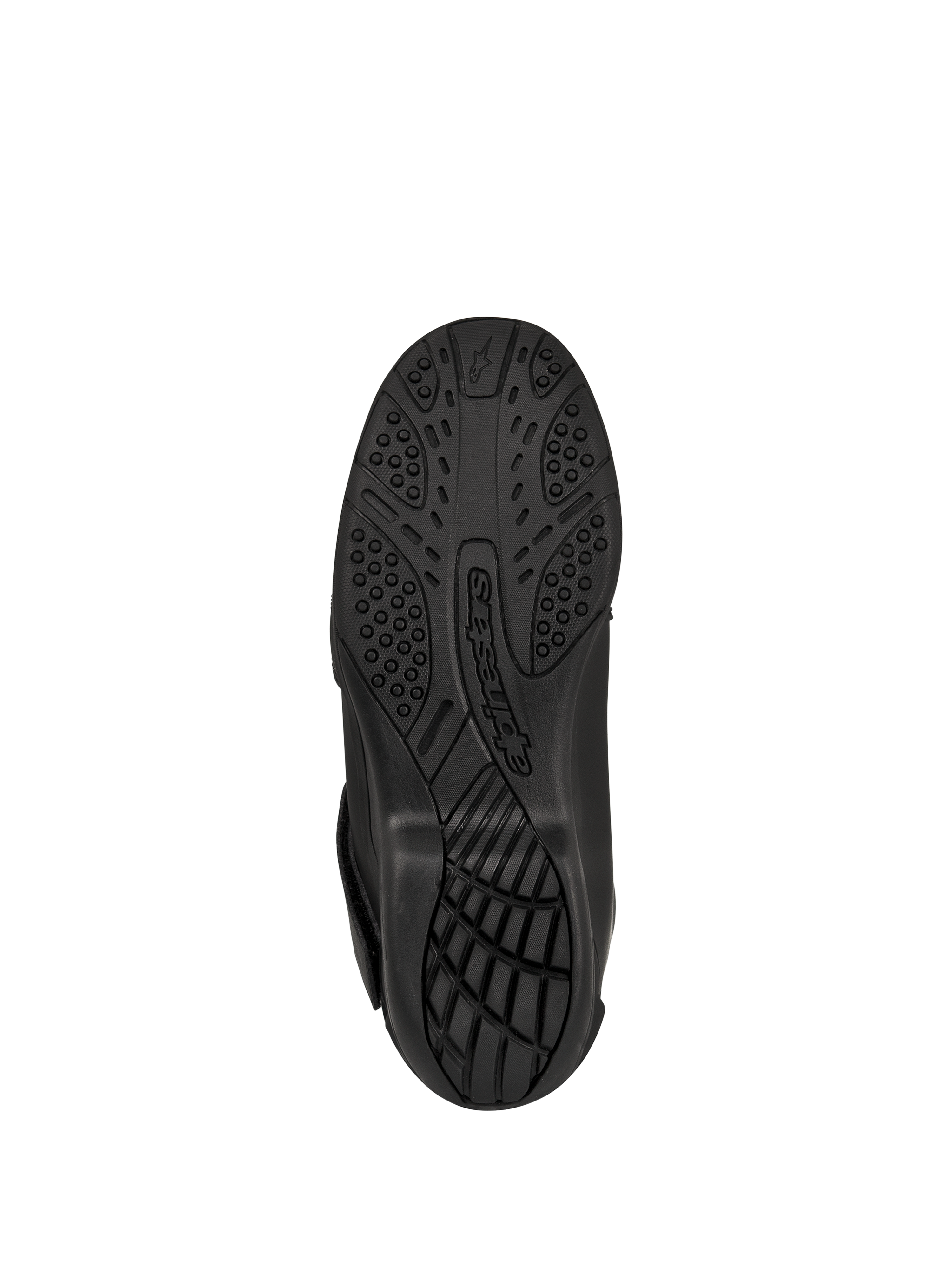 Alpinestars New Land GORE-TEX Boots, Black, bottom view of the vulcanized rubber compound outsole, textured tread pattern for grip and traction, featuring embossed Alpinestars branding, road-touring motorcycle footwear
