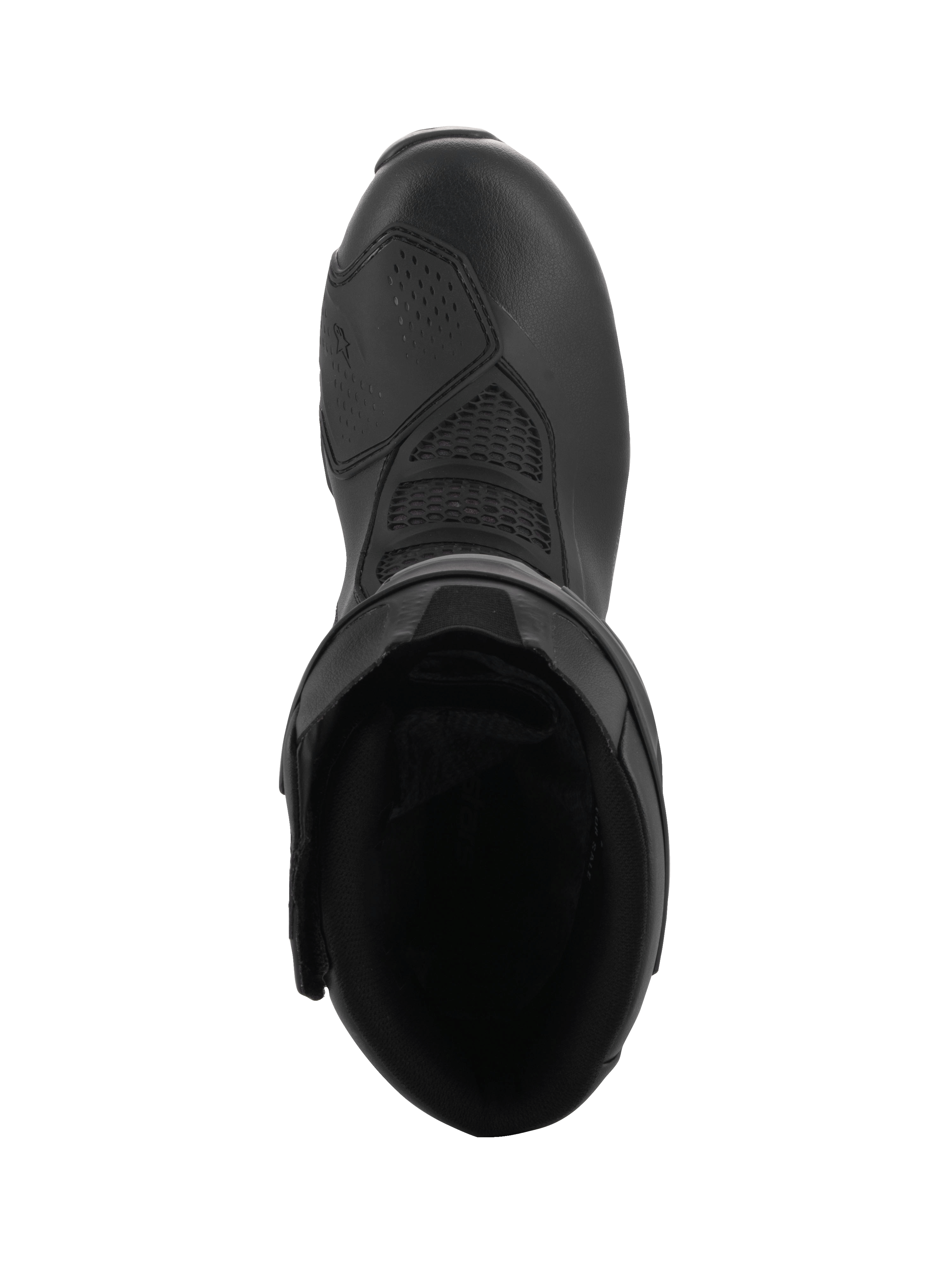 Alpinestars SMX-6 V3 GORE-TEX Boots, Black, top-down view looking into the boot interior, featuring textured microfiber upper and protective lining, performance motorcycle footwear
