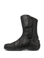 Alpinestars Web GORE-TEX Boots, Touring Motorcycle Boots, Black, side profile view showing leather construction, side-entry system with large closure flap, and rear accordion flex zones for maneuverability.