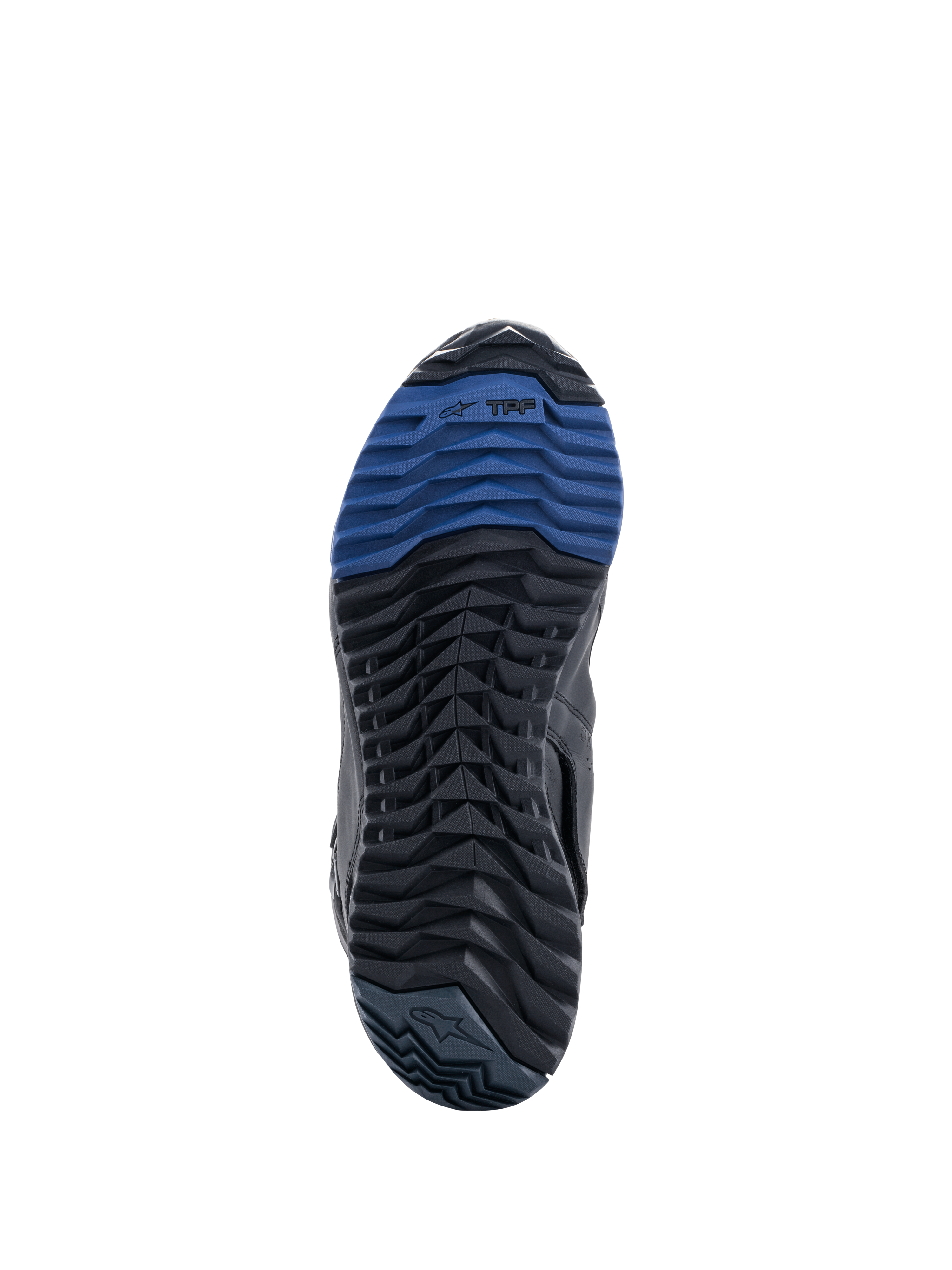 Alpinestars RT-8 GORE-TEX Boots, sole view showing black and blue rubber outsole, featuring a rugged lug pattern and TPF branding, designed for traction and walking comfort on adventure touring terrain.