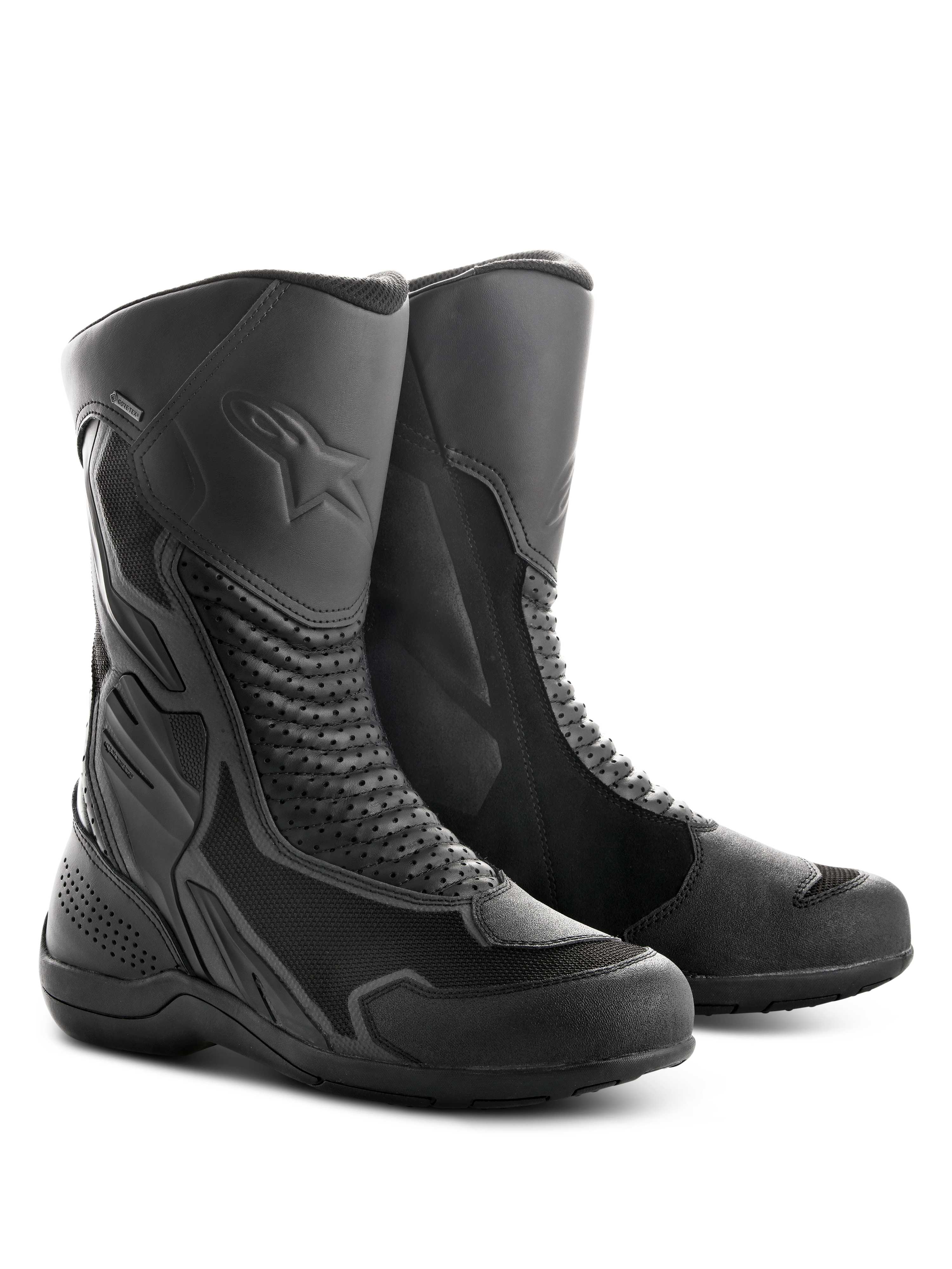 Alpinestars Air Plus V2 GORE-TEX Boots, Motorcycle Touring Boots, Black, featuring a combination of ventilated mesh and leather construction, perforated accordion panels for flexibility, embossed star logo on the shin, and a durable rubber sole designed for all-weather riding.