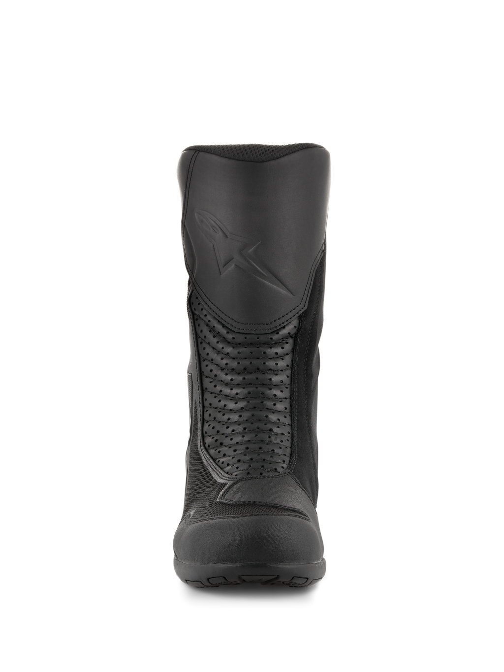 Alpinestars Air Plus V2 GORE-TEX Boots, Motorcycle Touring Boots, Black, front view showing the molded shin protector with embossed logo, perforated leather accordion panels for flexibility, and breathable mesh inserts.
