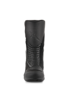 Alpinestars Air Plus V2 GORE-TEX Boots, Motorcycle Touring Boots, Black, front view showing the molded shin protector with embossed logo, perforated leather accordion panels for flexibility, and breathable mesh inserts.