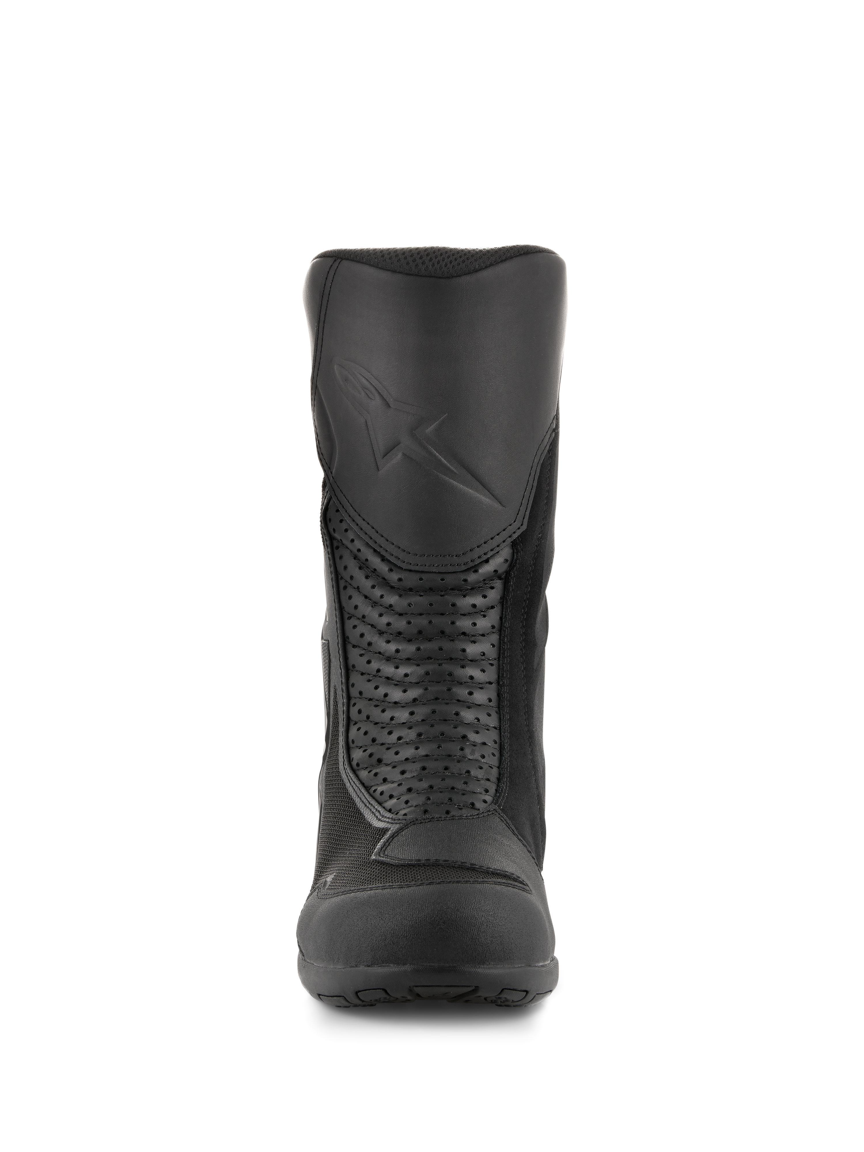 Alpinestars Air Plus V2 GORE-TEX Boots, Motorcycle Touring Boots, Black, front view showing the molded shin protector with embossed logo, perforated leather accordion panels for flexibility, and breathable mesh inserts.