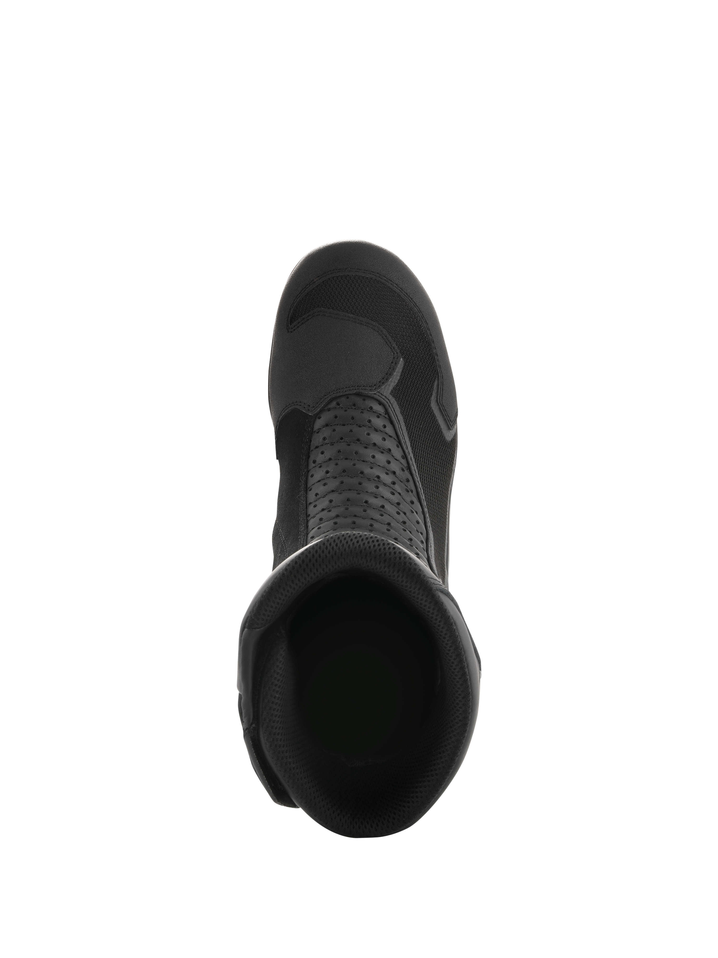 Alpinestars Air Plus V2 GORE-TEX Boots, Black, top-down view looking into the boot opening, showcasing the breathable mesh construction, perforated leather panels, and streamlined design for motorcycle touring.
