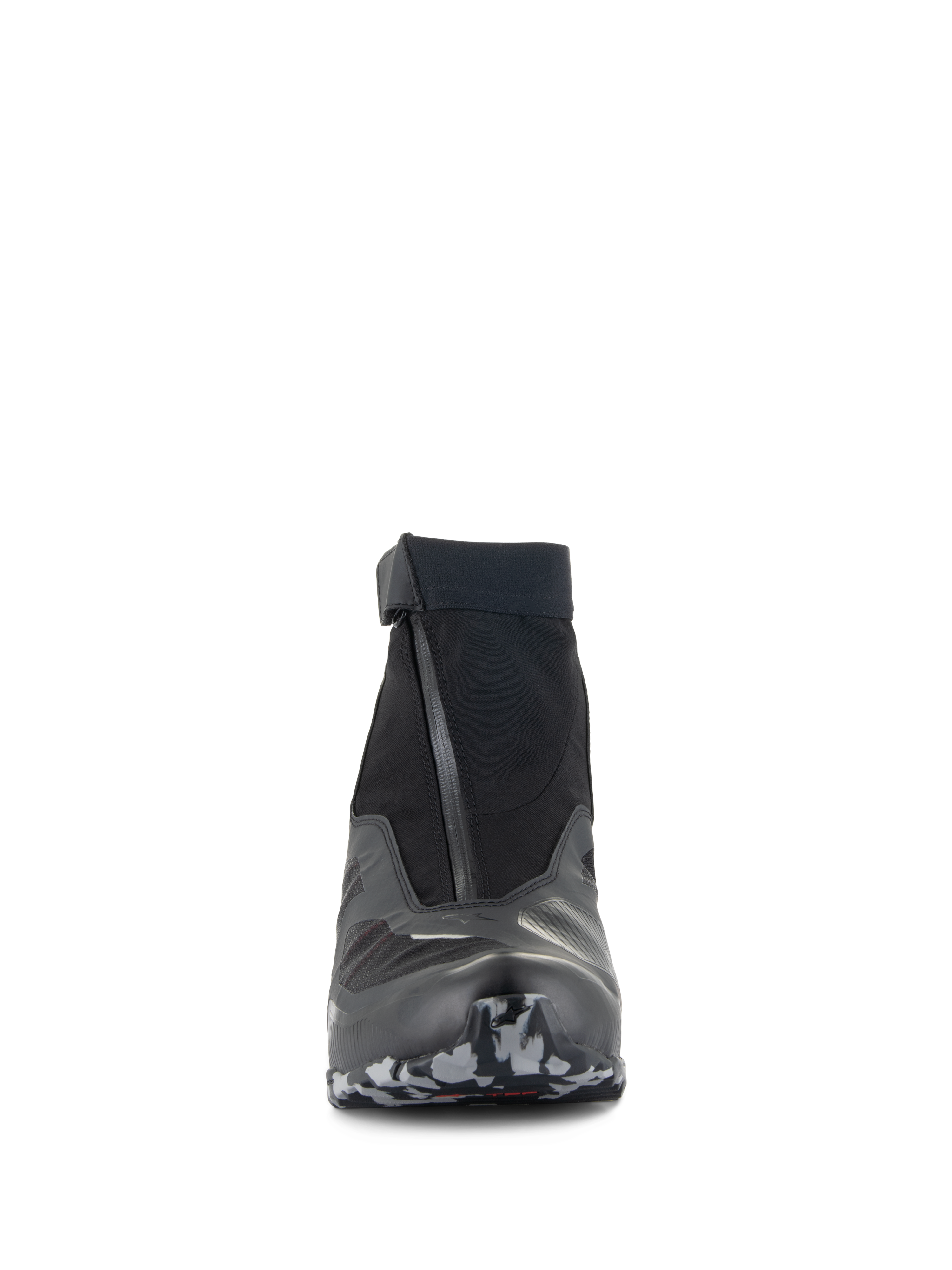 Alpinestars CR-8 GORE-TEX Shoes, Motorcycle Riding Shoes, Black Mid Gray and Bright Red, front view featuring an angled waterproof zipper and elasticated collar, camouflage-patterned sole, sleek waterproof touring design