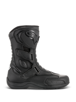 Alpinestars Radon Drystar® Boots, Black Waterproof Motorcycle Touring Boots, side profile view featuring three adjustable hook-and-loop straps, protective TPU shin plate with Alpinestars logo, reinforced ankle protection, and durable vulcanized sole.