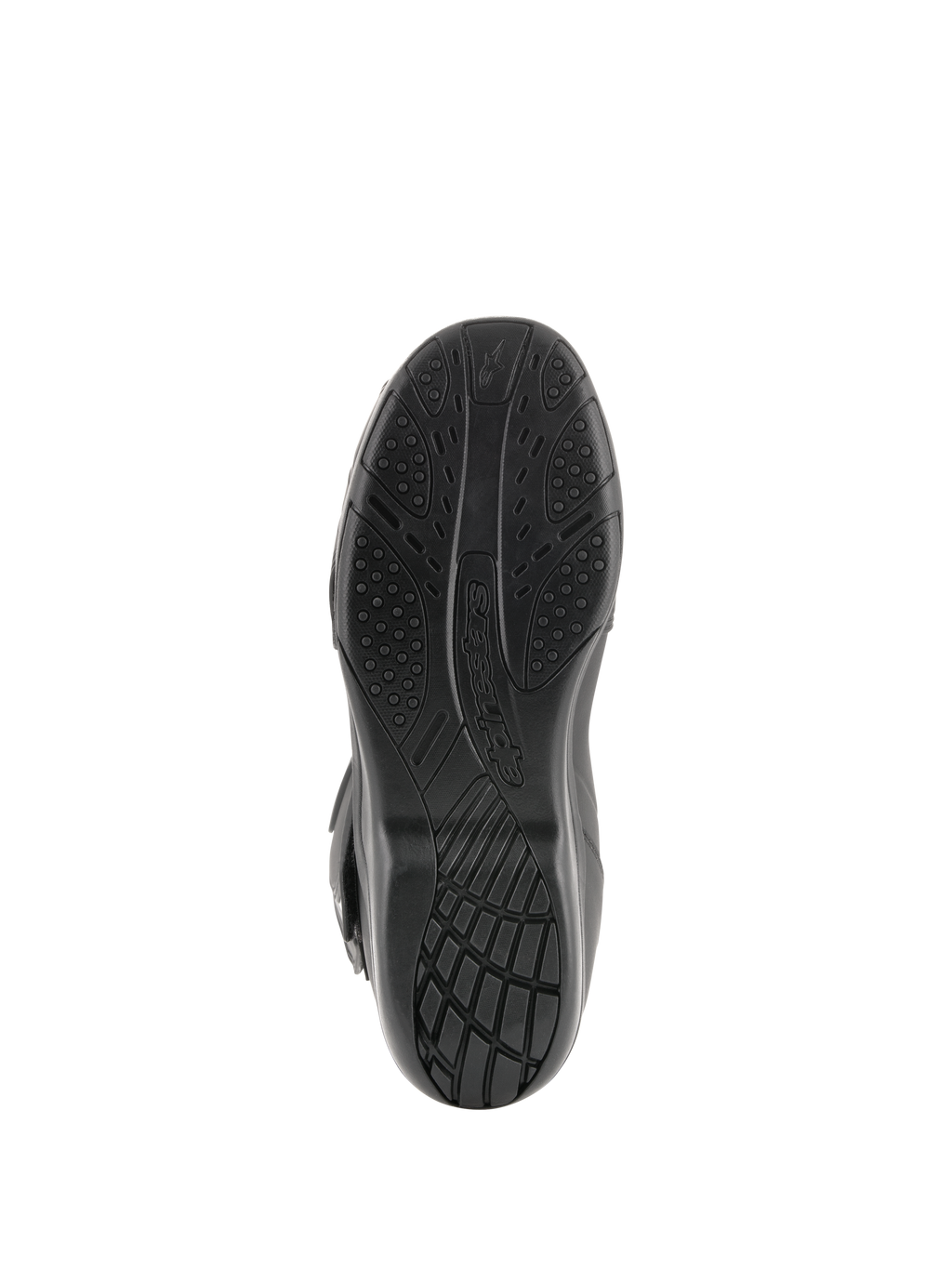 Alpinestars Radon Drystar® Boots, Motorcycle Touring Boots, Bottom View of Black Vulcanized Compound Sole featuring textured grip patterns and Alpinestars branding.