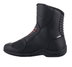 Alpinestars Ridge V2 Waterproof Boot, Black, side profile of motorcycle touring boot featuring red accents on the bridge, reinforced shifter pad, and accordion flex panels on the heel