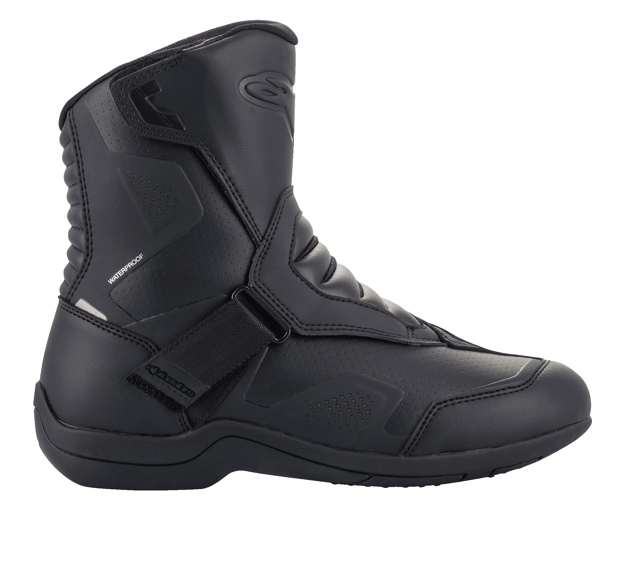 Alpinestars Ridge V2 Waterproof Boot, Side View of Black Tech Touring Motorcycle Boot, Durable Microfiber Construction with Perforated Panels, Wide Velcro Strap Closure, Accordion Flex Zones at the Ankle, Sleek Waterproof Design for All-Weather Road Riding