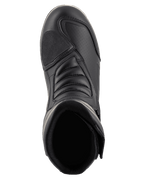 Alpinestars Ridge V2 Waterproof Boot, Black, top-down view showing toe shifter pad and accordion flex zones, durable microfiber construction with Velcro closure, designed for motorcycle touring and road riding