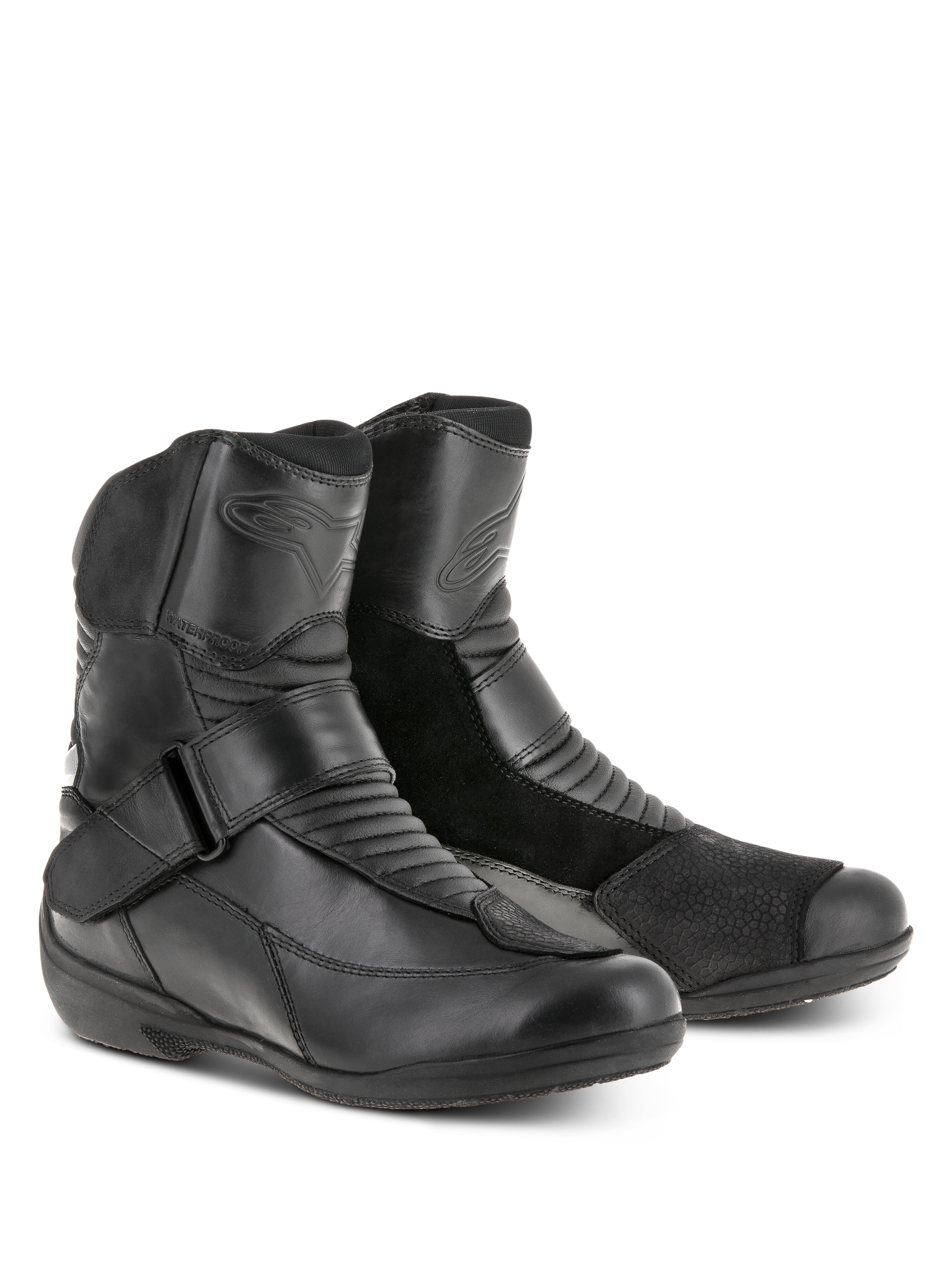 Alpinestars Women Stella Valencia Waterproof Boots, Black, Low-cut touring boots featuring leather and suede panels, accordion flex zones, and instep buckle strap, waterproof riding footwear for women