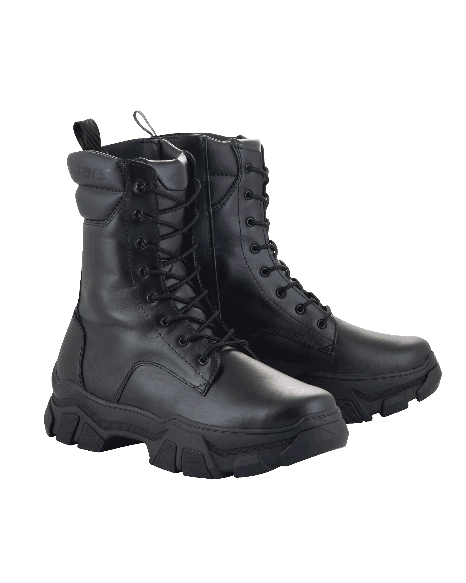 Alpinestars Ava Women Boots, Urban Motorcycle Boots, Black, full-grain leather construction, chunky elevated rubber sole, lace-up front with side zipper, rugged utilitarian style