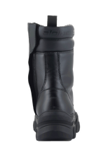 Alpinestars Ava Women Boots, Black, rear view showing elevated chunky rubber sole and medial side zipper, full-grain leather construction with padded ankle collar and embossed logo, modern urban footwear for motorcycling.