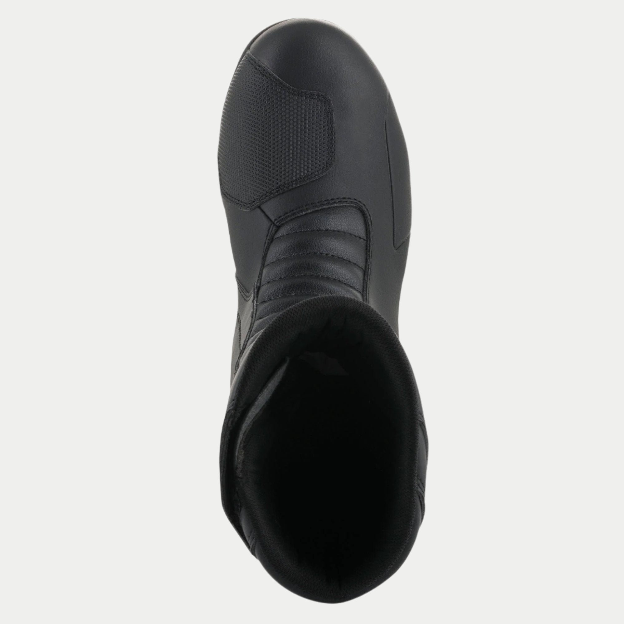 Alpinestars Origin Drystar® Boots, Black, Top-down view showing the synthetic shift pad and front accordion flex zone, durable microfiber construction, waterproof touring and adventure motorcycle footwear