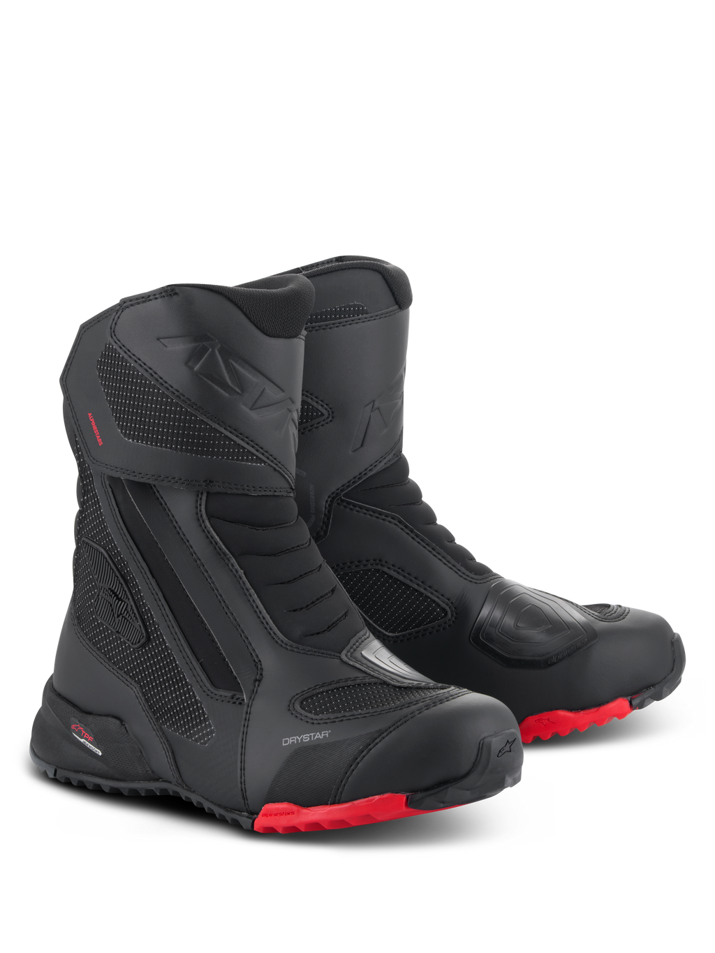 Botas Alpinestars RT-7 Drystar, botas de motociclismo para turismo, pretas e vermelhas, com membrana Drystar impermeável, construção durável em têxtil e microfibra, solas com ranhuras vermelhas e áreas de proteção reforçadas para aventuras em todo o terreno