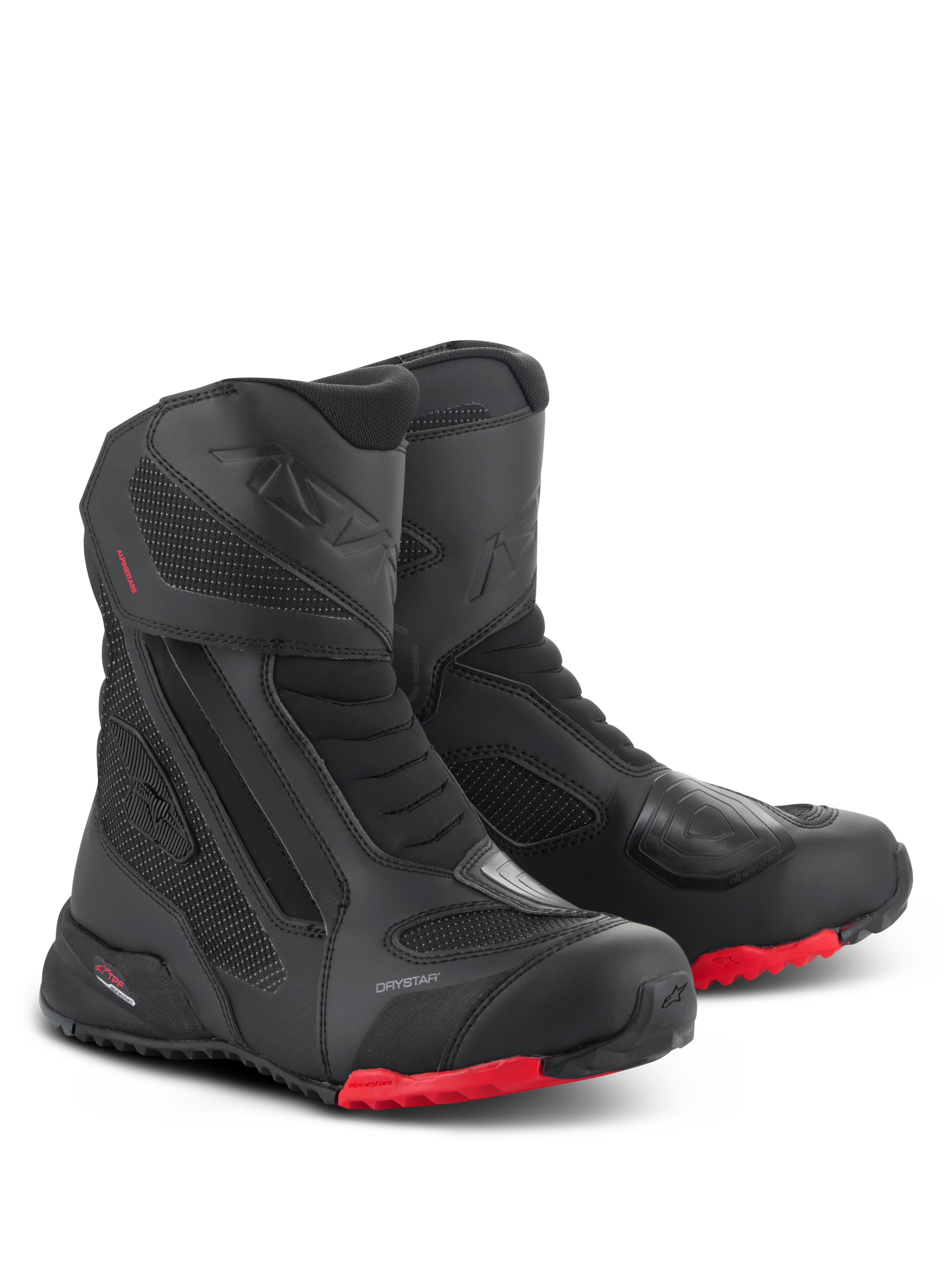 Botas Alpinestars RT-7 Drystar, botas de motociclismo para turismo, pretas e vermelhas, com membrana Drystar impermeável, construção durável em têxtil e microfibra, solas com ranhuras vermelhas e áreas de proteção reforçadas para aventuras em todo o terreno