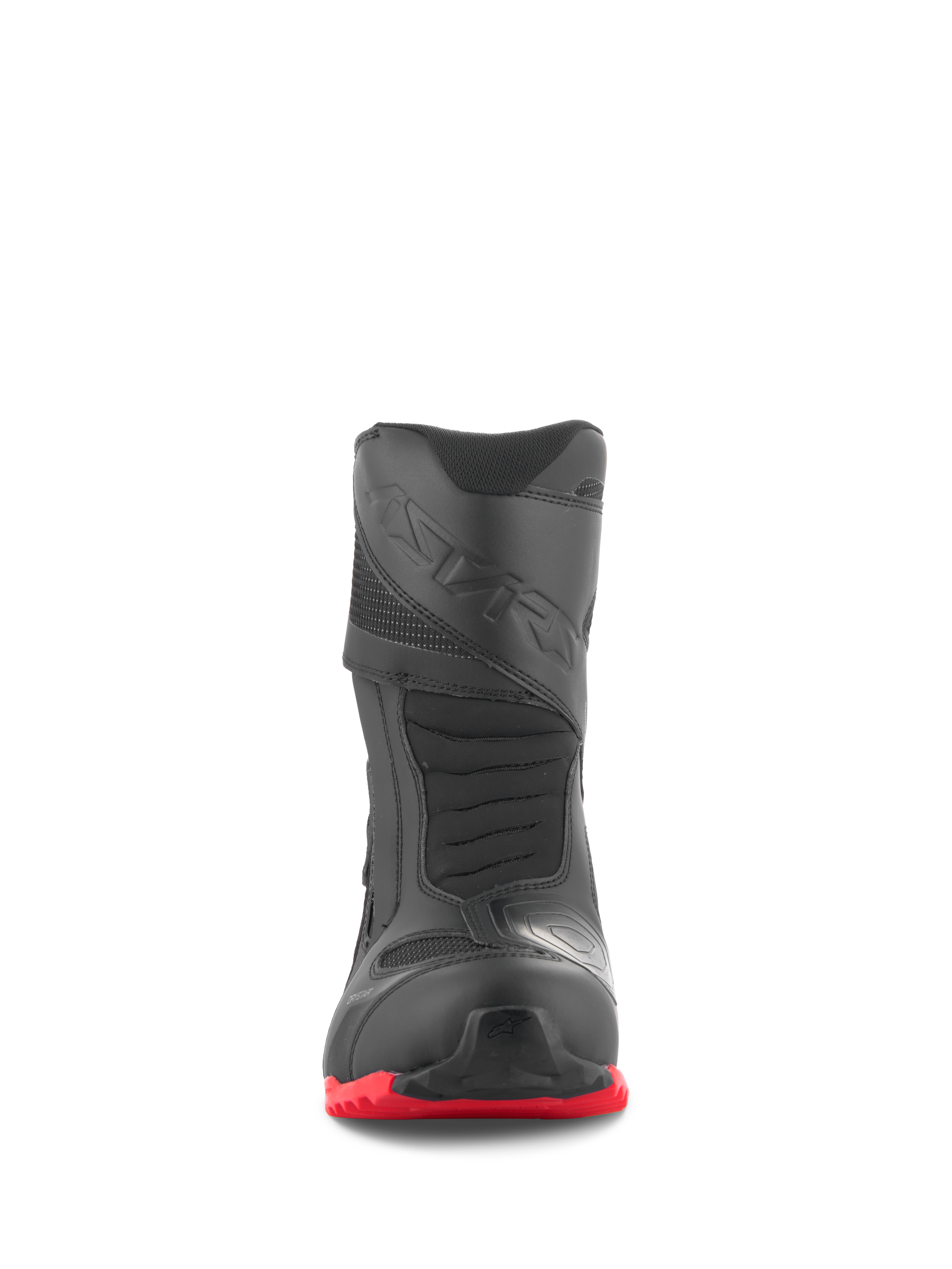 Botas Alpinestars RT-7 Drystar®, botas de motociclismo de turismo, pretas e vermelhas, vista frontal, com biqueira reforçada, almofada de mudança em impressão 3D e sola com ranhuras em vermelho vibrante, design de calçado de aventura impermeável.