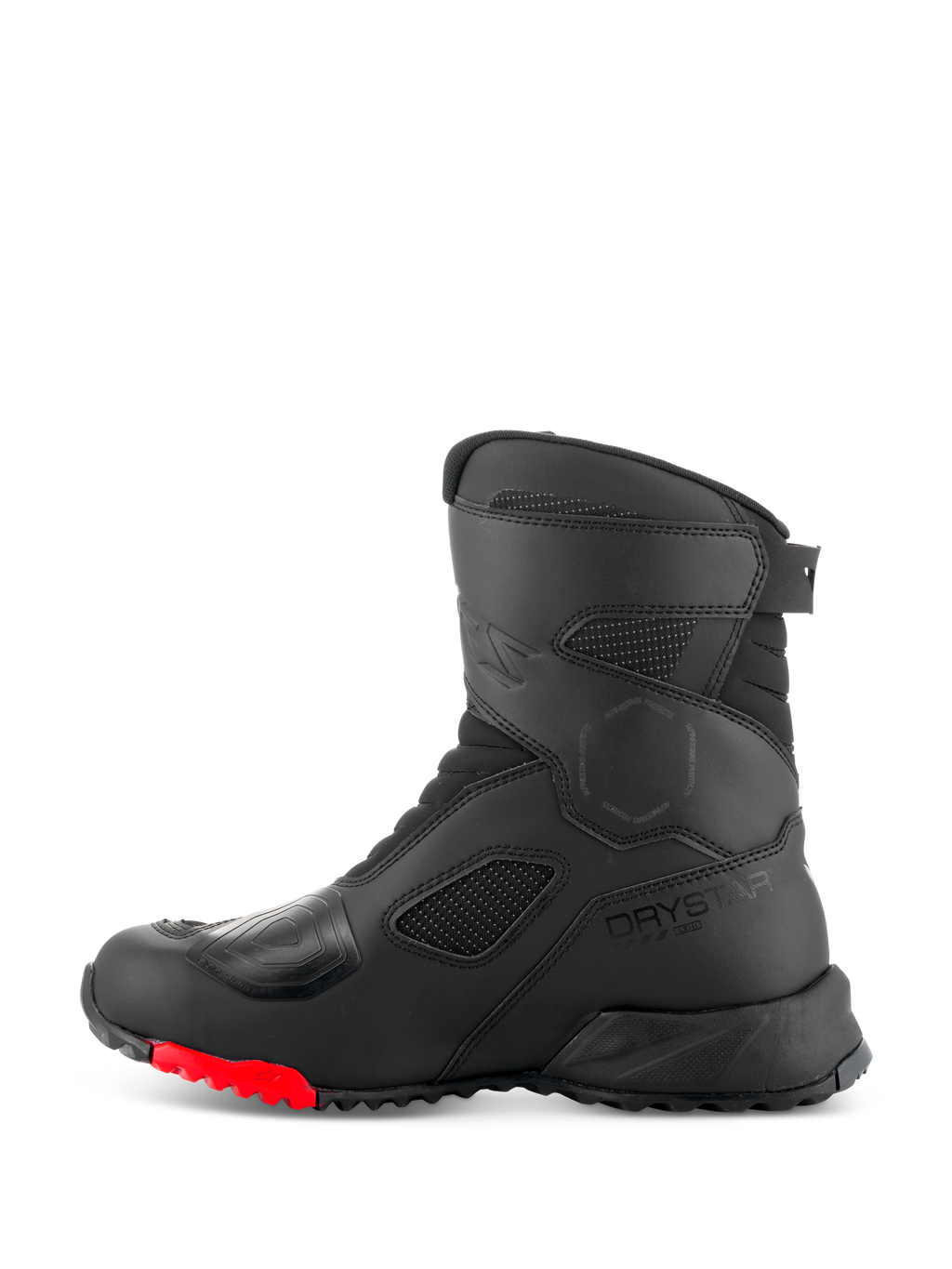 Botas Alpinestars RT-7 Drystar®, botas de turismo para motociclismo, pretas e vermelhas, vista de perfil lateral com logótipo Drystar, almofada de mudança reforçada e sola durável com relevos e pormenores vermelhos para condução de aventura