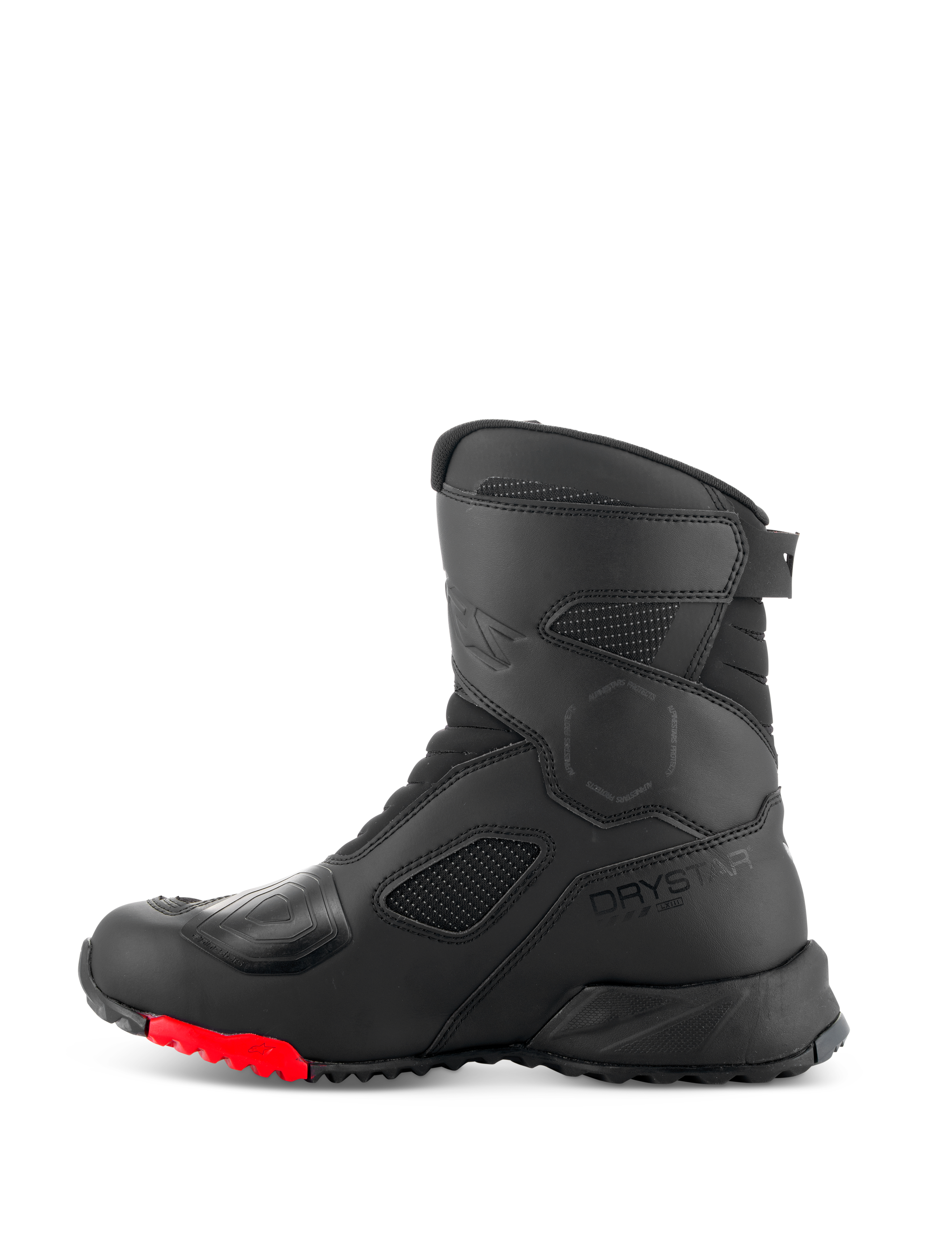 Botas Alpinestars RT-7 Drystar®, botas de turismo para motociclismo, pretas e vermelhas, vista de perfil lateral com logótipo Drystar, almofada de mudança reforçada e sola durável com relevos e pormenores vermelhos para condução de aventura