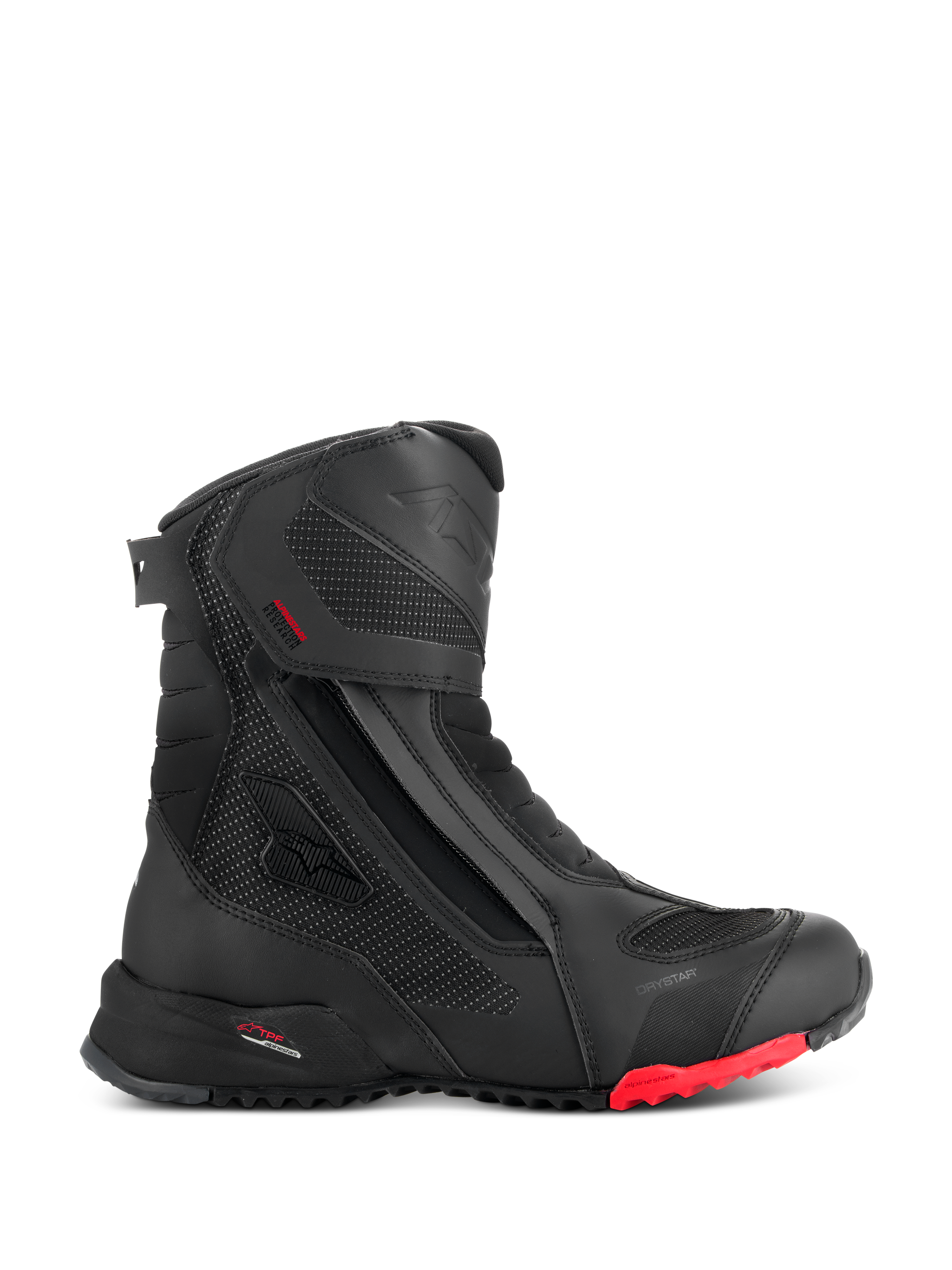 Botas Alpinestars RT-7 Drystar, botas de mototurismo, pretas com detalhe vermelho na sola, impermeáveis e respiráveis, perfil lateral com fecho de correr lateral e velcro, painéis têxteis texturizados com pontos refletores, sola robusta com relevos, construção sintética avançada