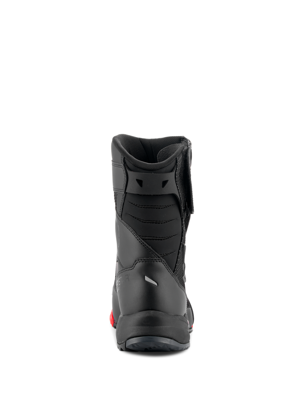 Alpinestars RT-7 Drystar® Boots, botas de motociclismo touring, pretas e vermelhas, vista traseira mostrando foles de Aquiles acolchoados e construção elegante, calçado de proteção impermeável para estrada e aventura