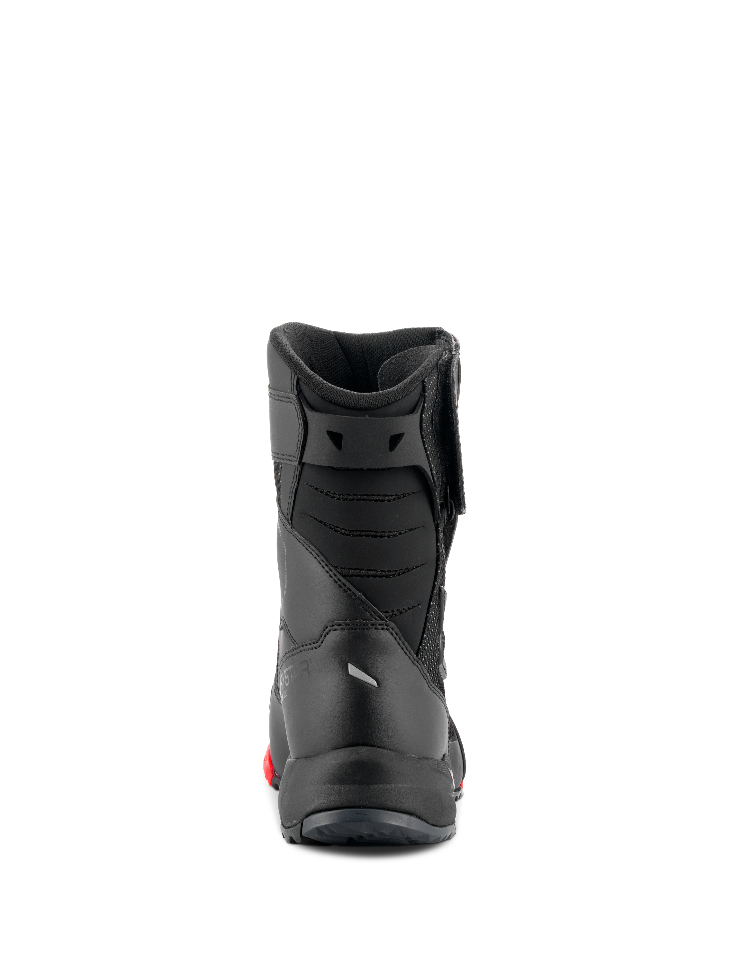 Alpinestars RT-7 Drystar® Boots, botas de motociclismo touring, pretas e vermelhas, vista traseira mostrando foles de Aquiles acolchoados e construção elegante, calçado de proteção impermeável para estrada e aventura