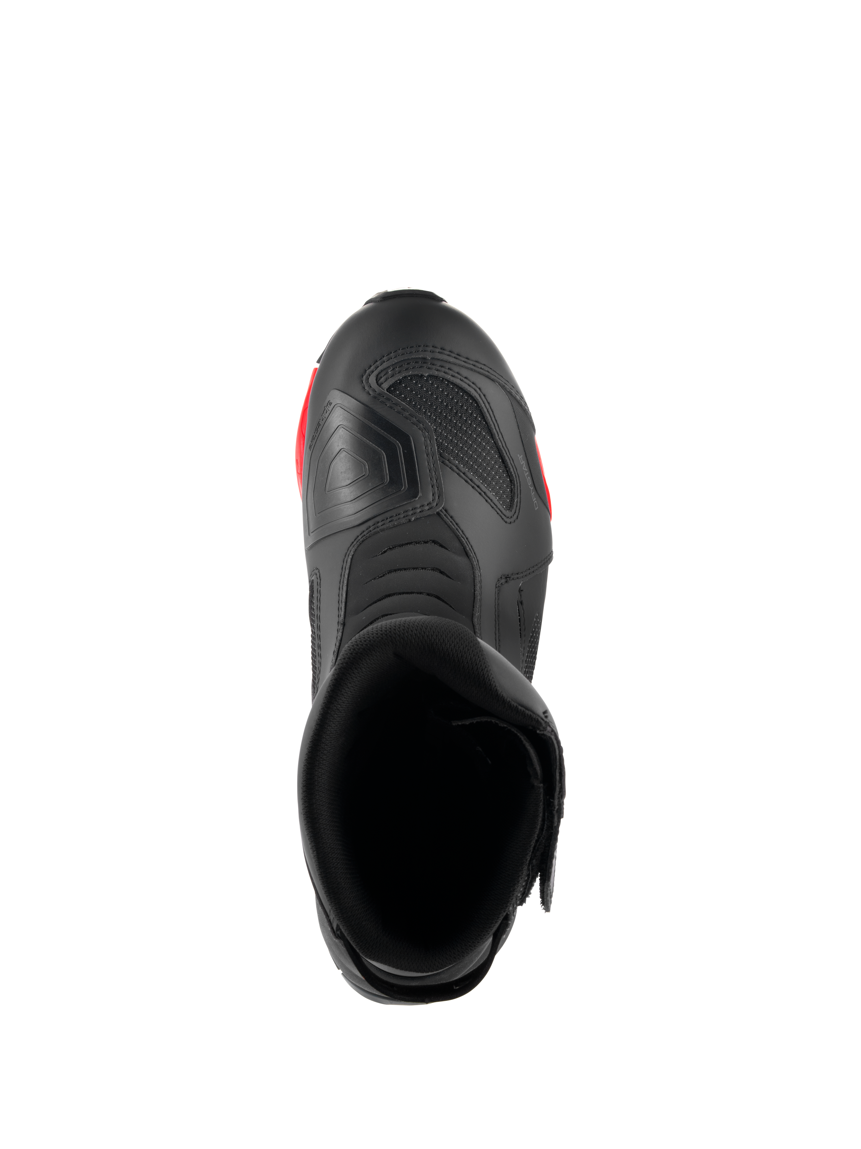 Botas Alpinestars RT-7 Drystar®, botas de turismo para motociclismo, pretas e vermelhas, vista superior mostrando a abertura da bota, o interior e a almofada de mudança texturizada na biqueira