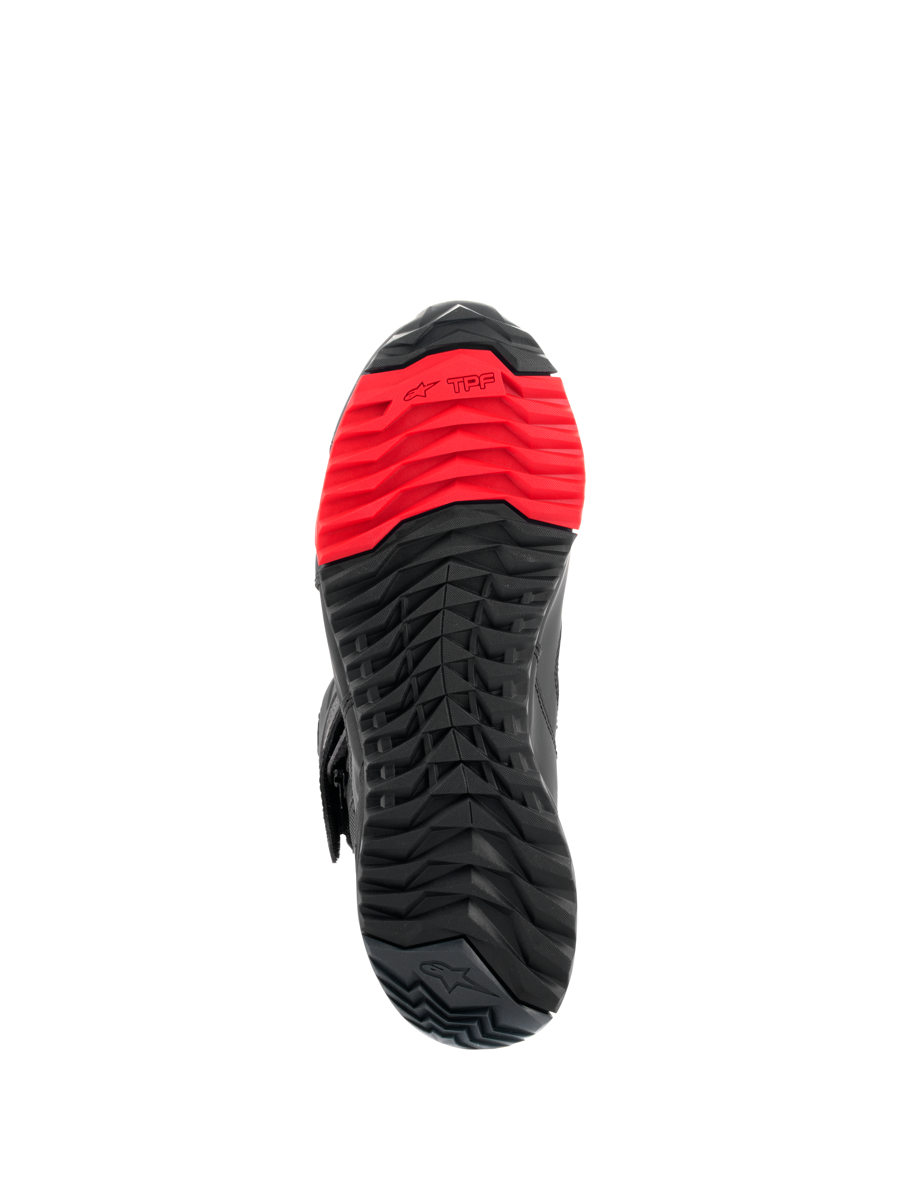 Botas Alpinestars RT-7 Drystar®, vista da sola, padrão de ranhuras robusto em preto e vermelho, com o logótipo TPF Transversal Protection Frame na parte frontal, concebida para conforto ao pilotar e a caminhar