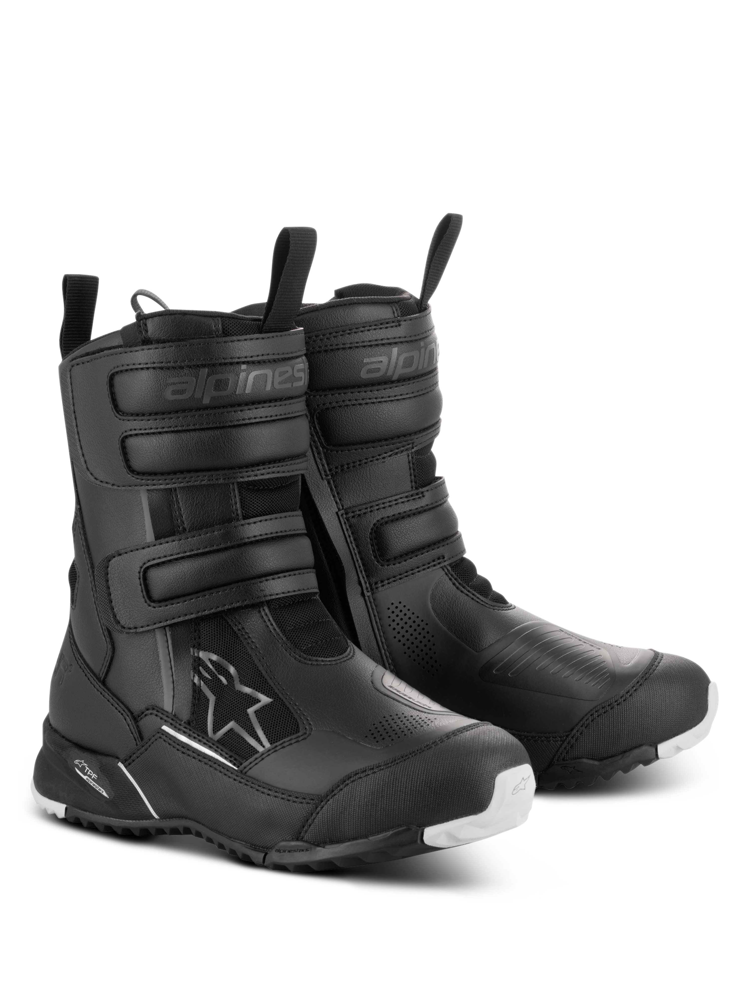 Botas Alpinestars Stella RT-7 Touring Drystar® para Mulher, pretas, botas de touring impermeáveis para motociclismo com tiras triplas de Velcro, entrada de fecho duplo e sola robusta com detalhes brancos.