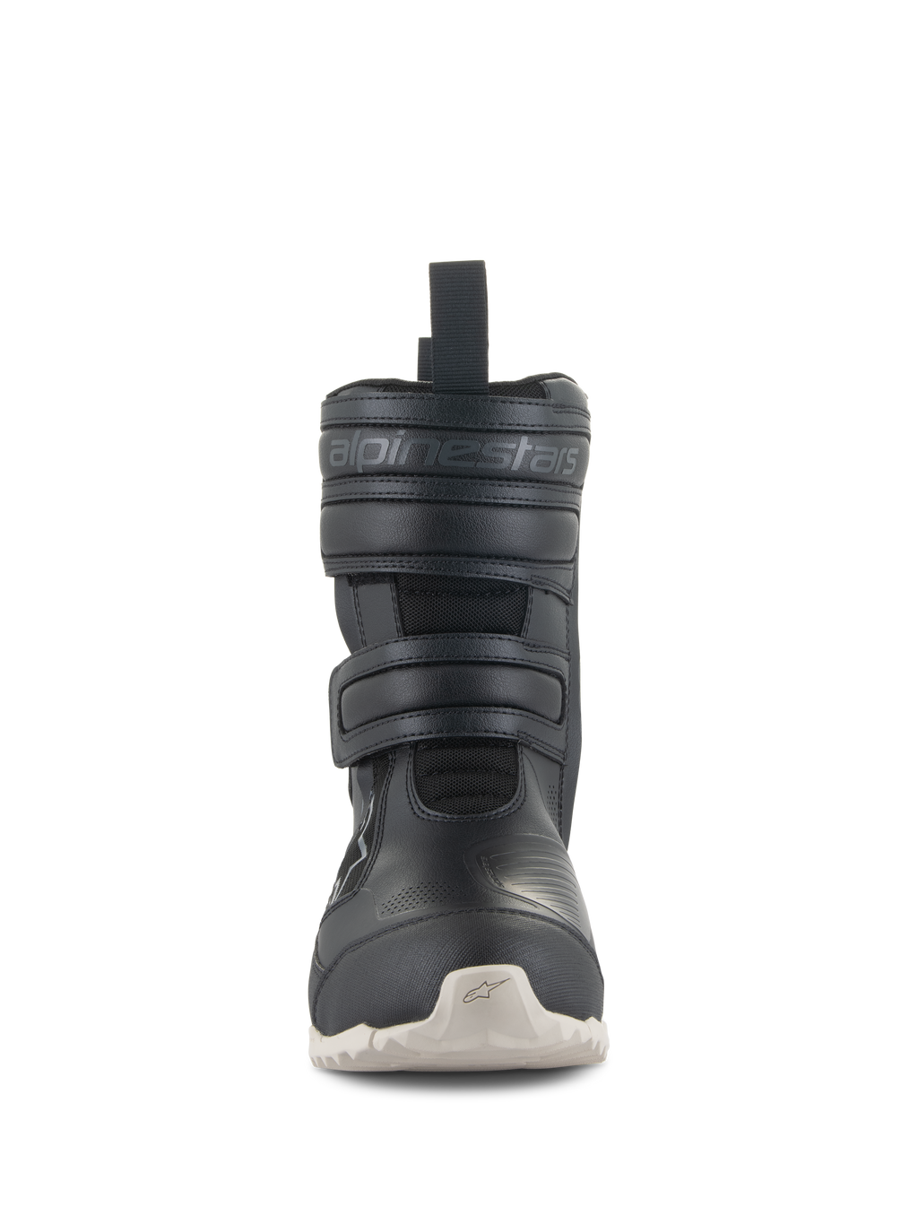 Botas Alpinestars Stella RT-7 Touring Drystar®, botas de motociclismo de turismo para mulher, pretas, vista frontal com fechos de tira dupla de Velcro, marca Alpinestars em relevo, parte superior em microfibra técnica e sola exterior de cor clara com relevos